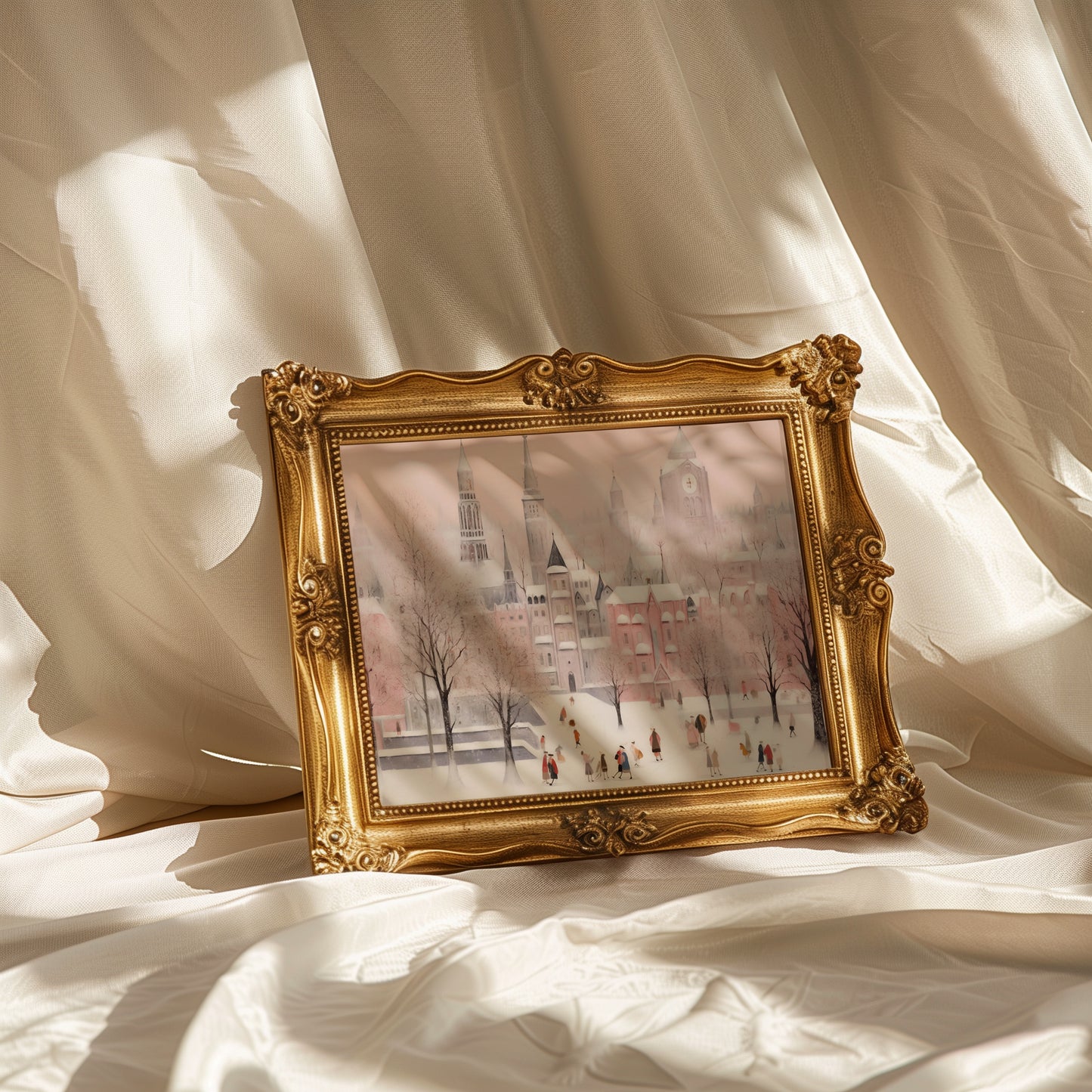 Pink Holiday Town Whimsical Winter Scene Matte Horizontal Poster Art Print