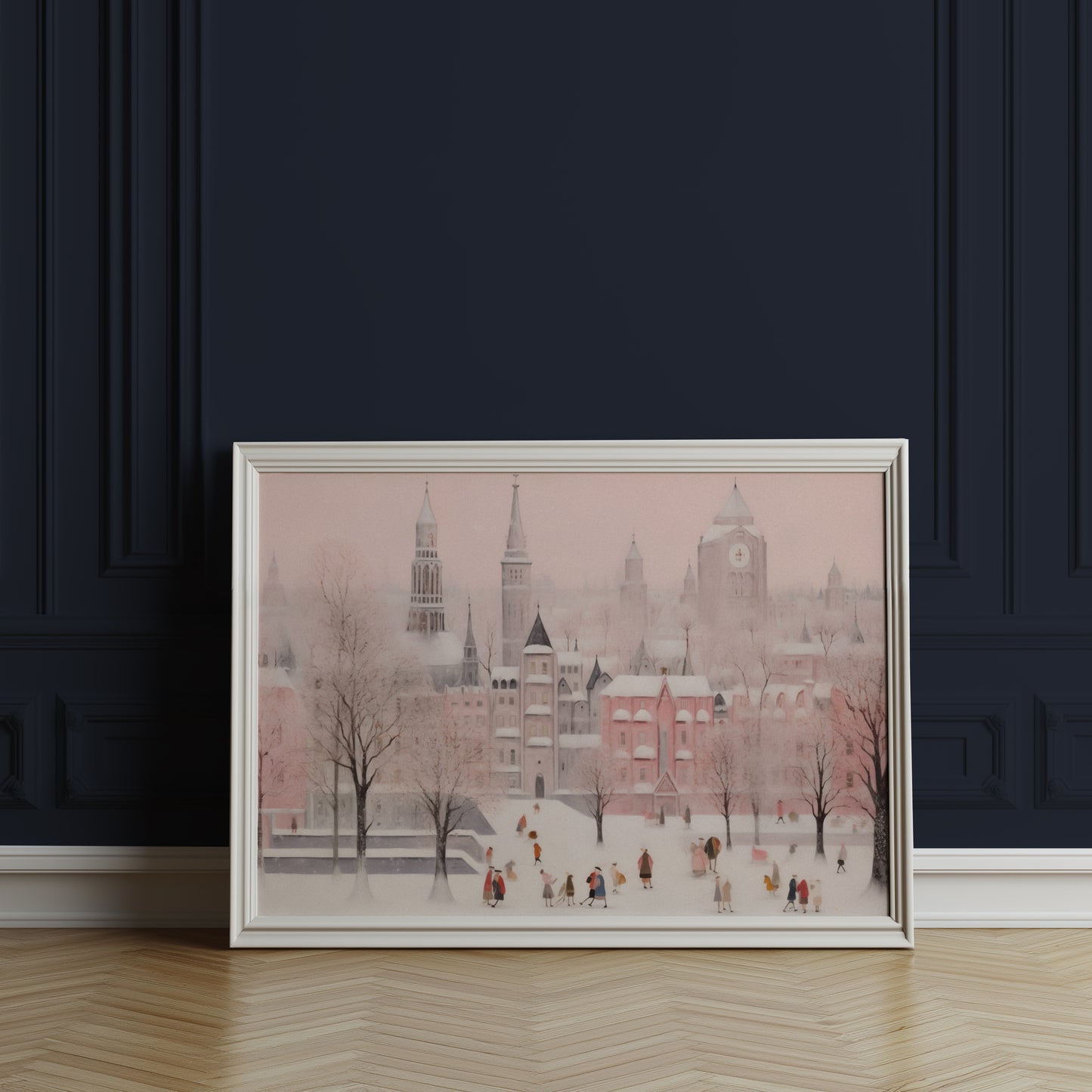 Pink Holiday Town Whimsical Winter Scene Matte Horizontal Poster Art Print