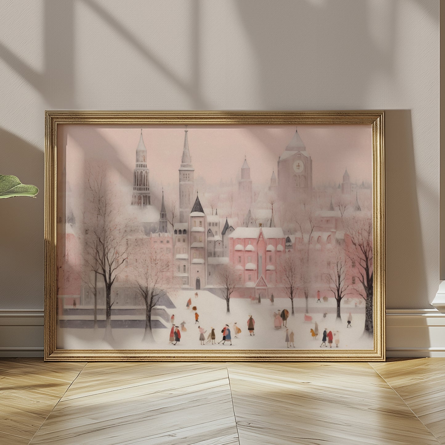 Pink Holiday Town Whimsical Winter Scene Matte Horizontal Poster Art Print
