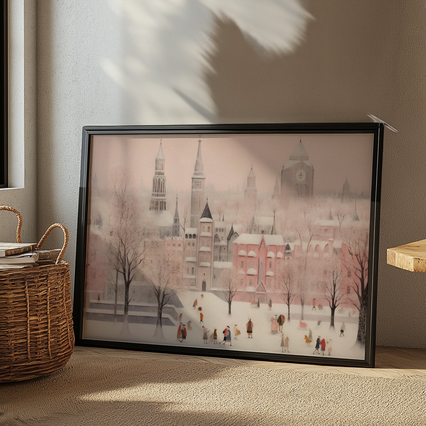 Pink Holiday Town Whimsical Winter Scene Matte Horizontal Poster Art Print