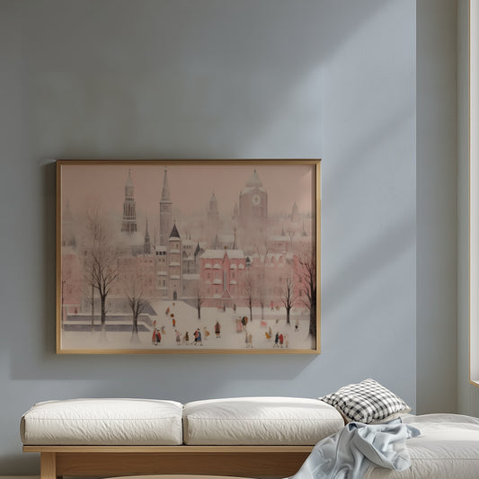 Pink Holiday Town Whimsical Winter Scene Matte Horizontal Poster Art Print