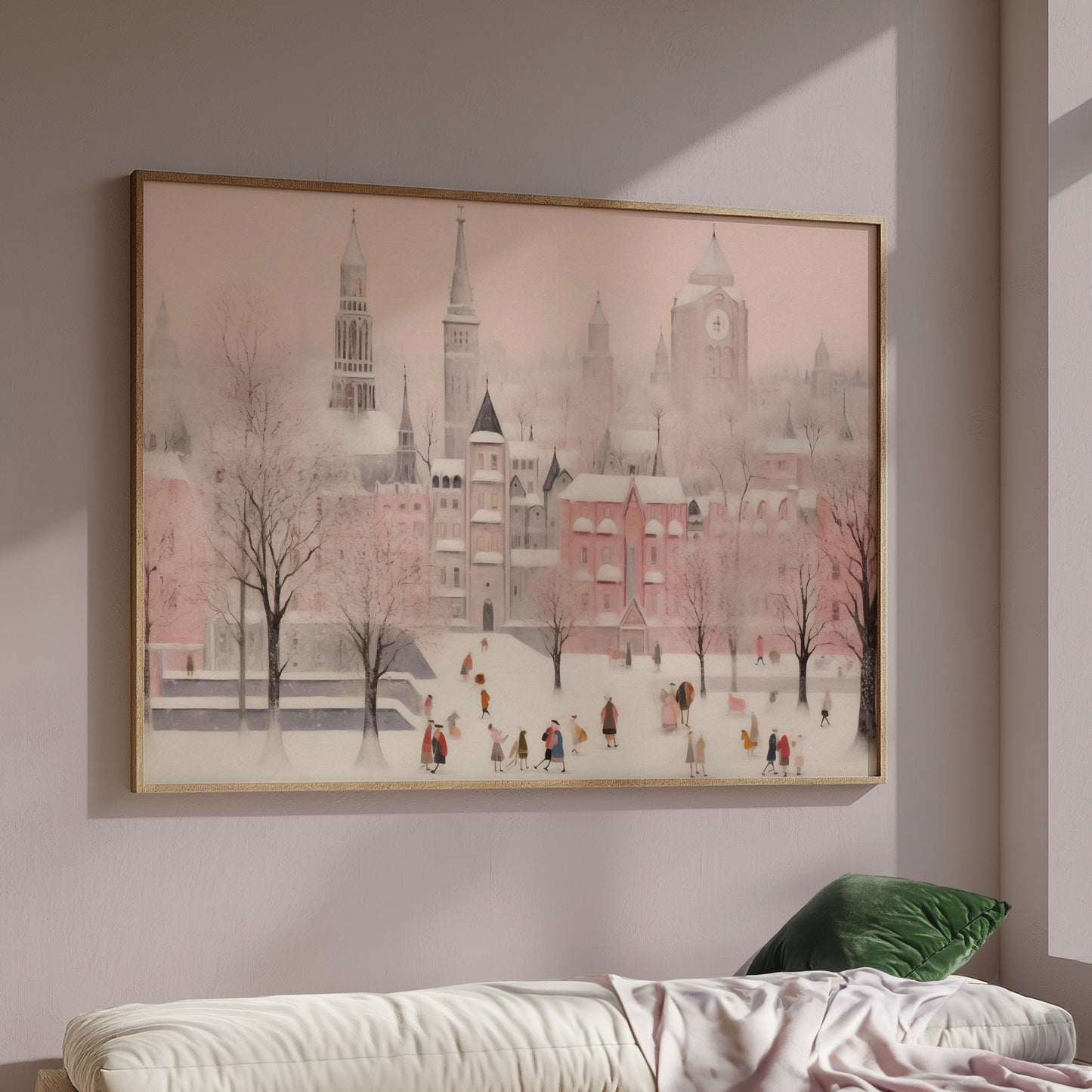 Pink Holiday Town Whimsical Winter Scene Matte Horizontal Poster Art Print