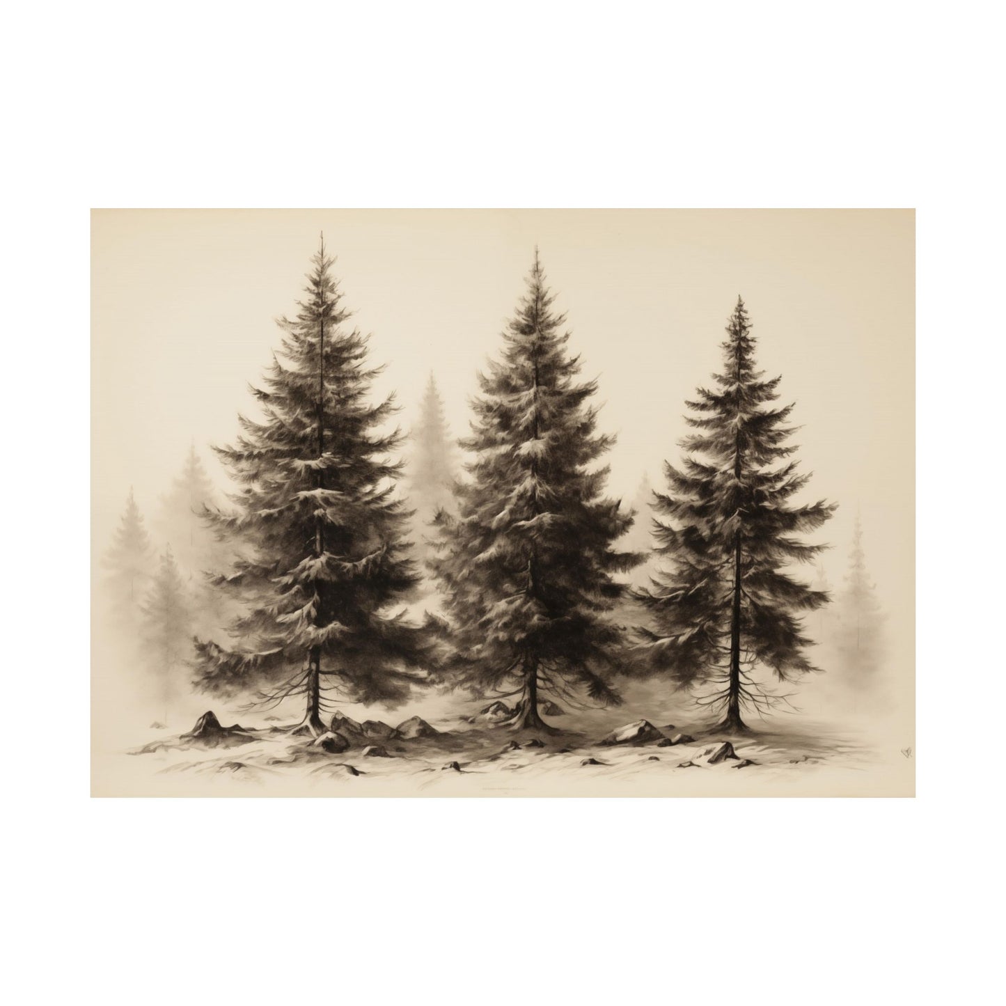 Winter Fir Trees Black and White Forest Matte Horizontal Poster Art Print