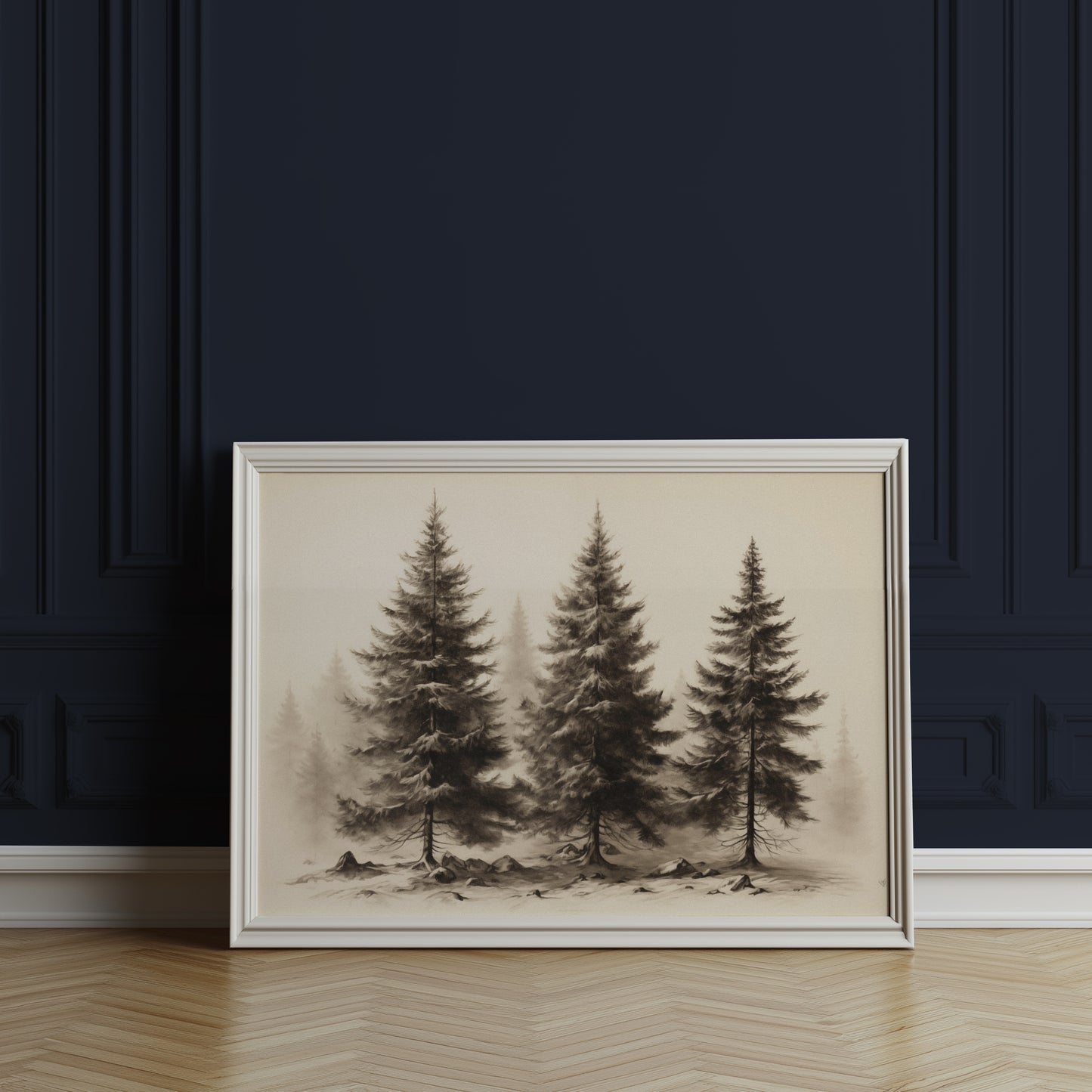 Winter Fir Trees Black and White Forest Matte Horizontal Poster Art Print