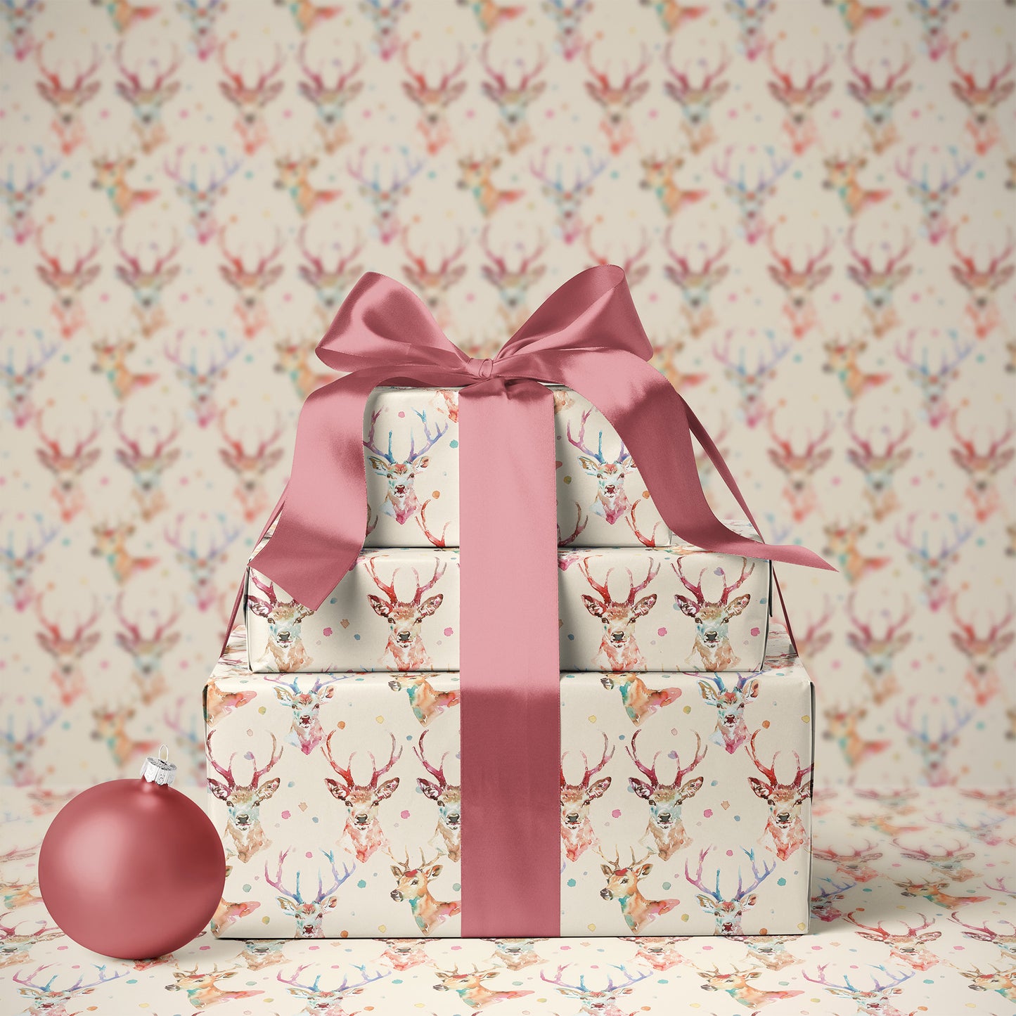 Whimsical Colorful Watercolor Reindeer Gift Wrapping Paper Sheets