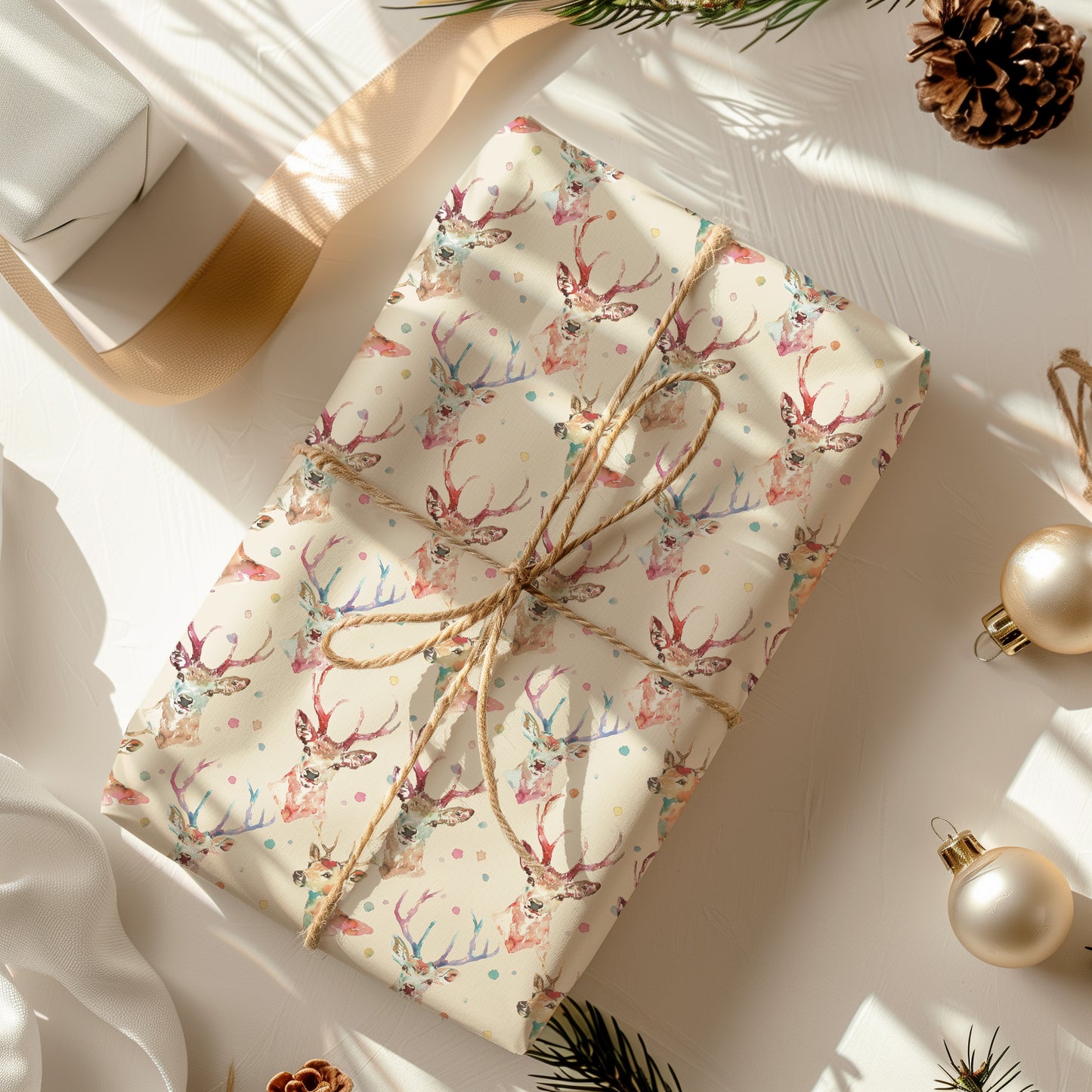 Whimsical Colorful Watercolor Reindeer Gift Wrapping Paper Sheets