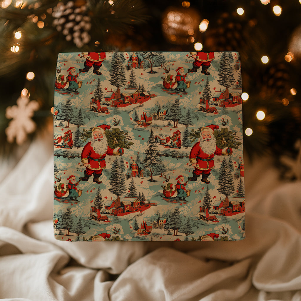 Vintage Santa in a Winter Scene Gift Wrapping Paper Sheets - Retro Holiday Gifting, 50s Aesthetic, Throwback Nostalgia Christmas Gifting