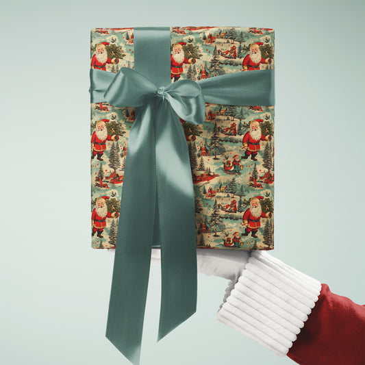 Vintage Santa in a Winter Scene Gift Wrapping Paper Sheets - Retro Holiday Gifting, 50s Aesthetic, Throwback Nostalgia Christmas Gifting