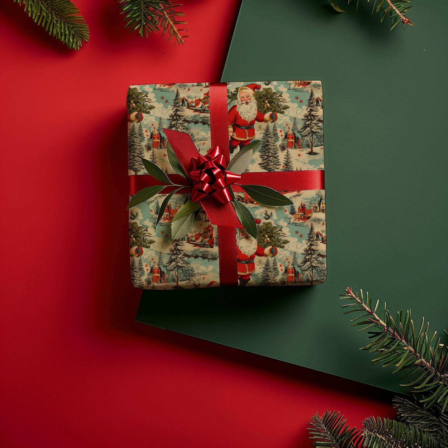 Vintage Santa in a Winter Scene Gift Wrapping Paper Sheets - Retro Holiday Gifting, 50s Aesthetic, Throwback Nostalgia Christmas Gifting