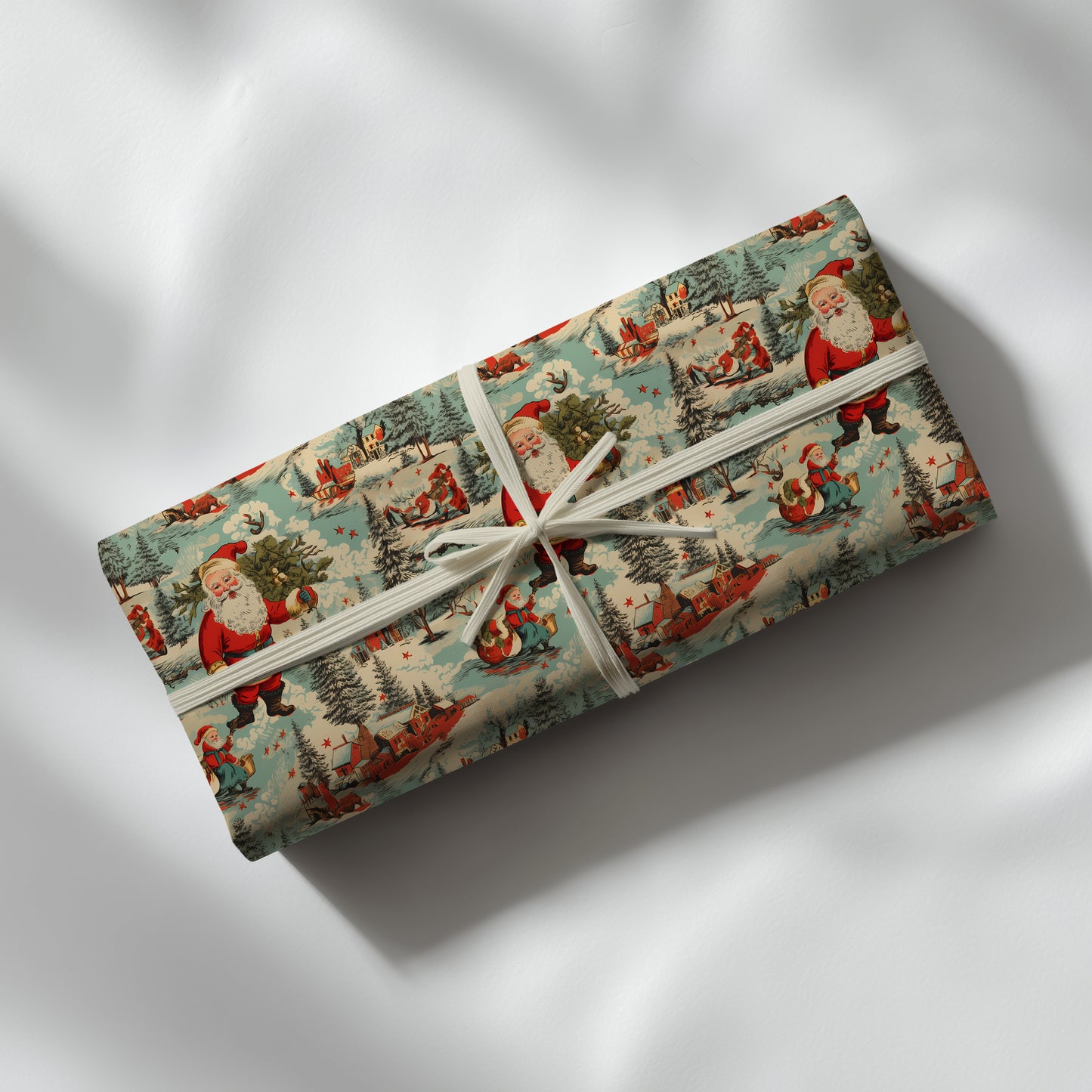 Vintage Santa in a Winter Scene Gift Wrapping Paper Sheets - Retro Holiday Gifting, 50s Aesthetic, Throwback Nostalgia Christmas Gifting