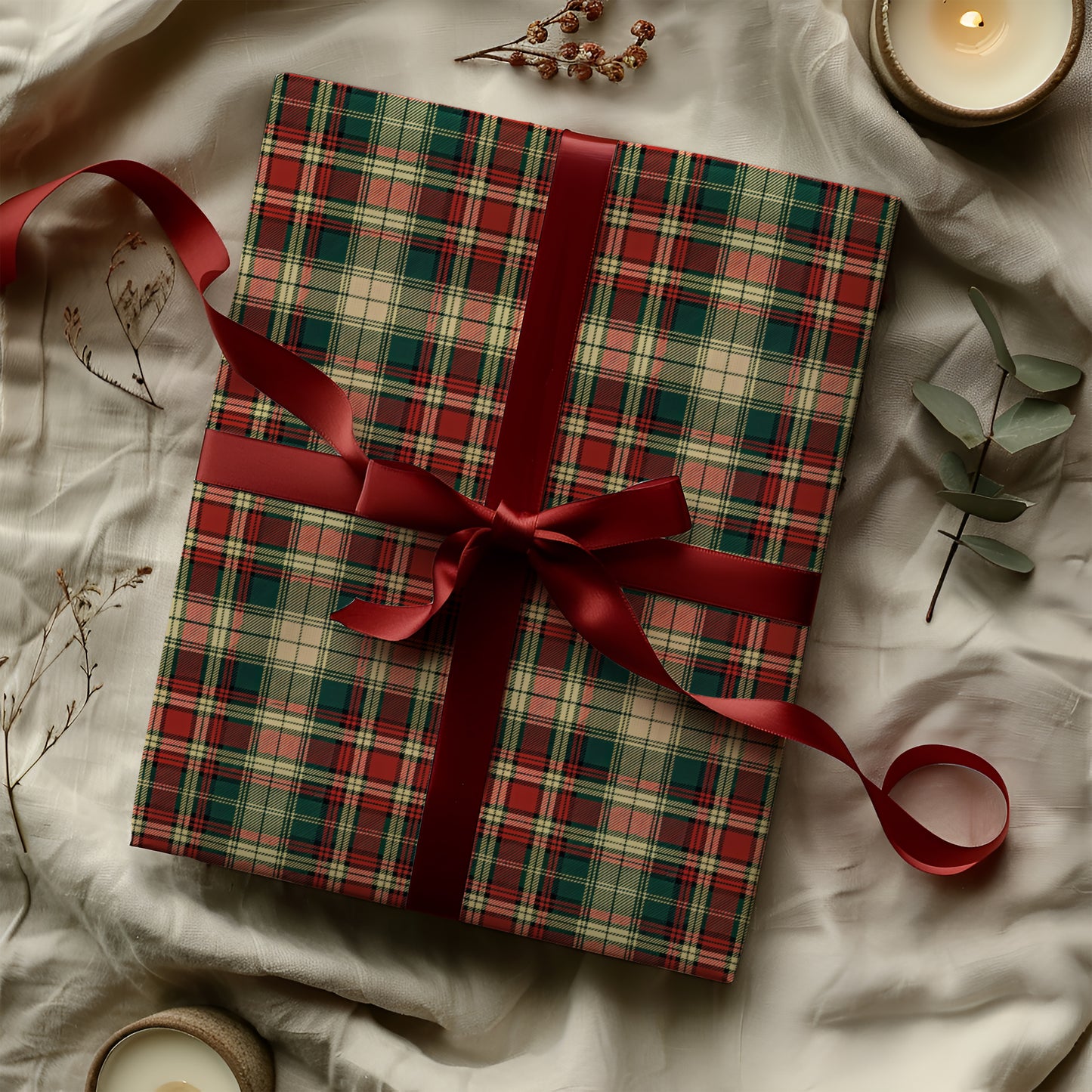 Traditional Cozy Christmas Plaid Print Gift Wrapping Paper Sheets