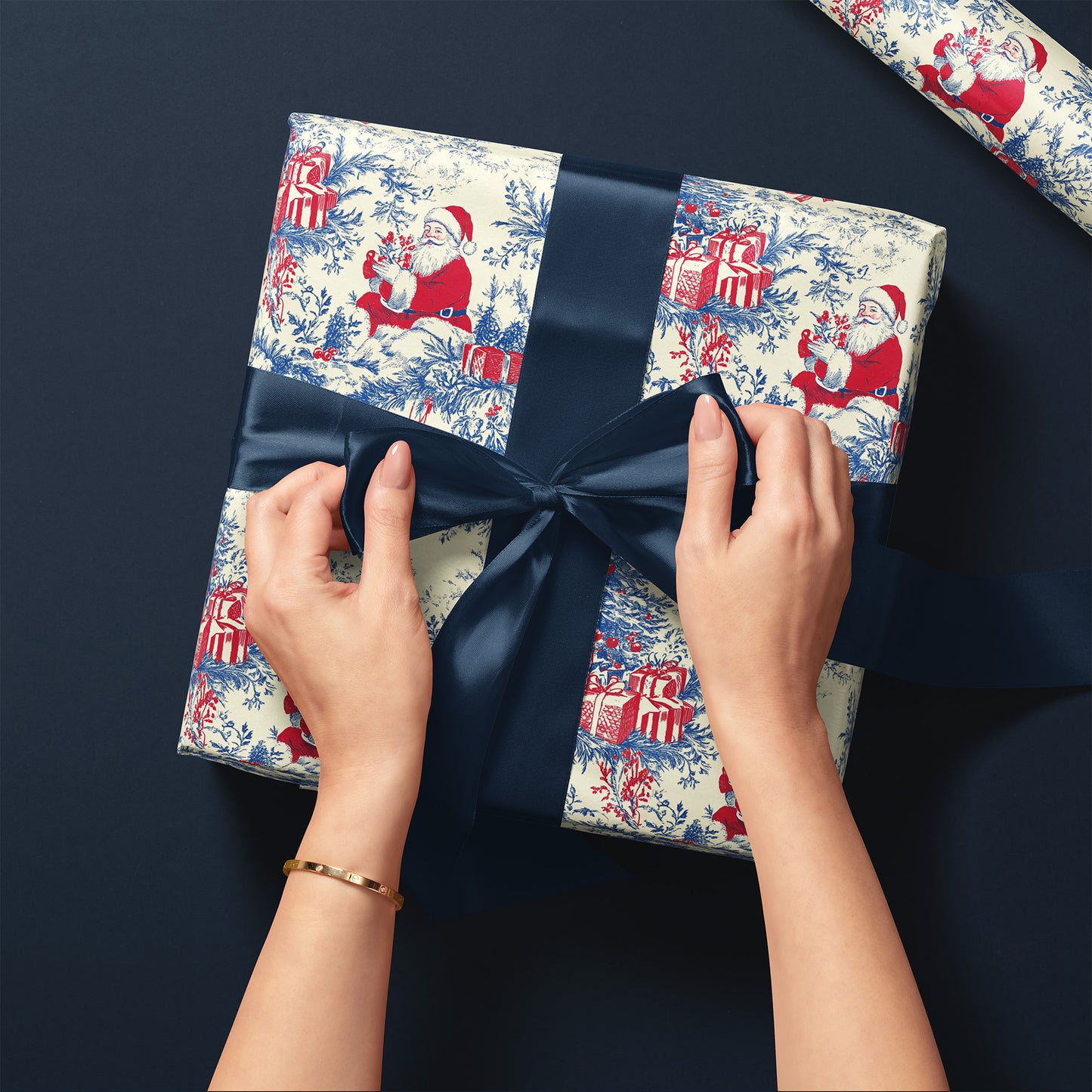 Santa with Tree and Gifts Toile de Jouy Gift Wrapping Paper Sheets