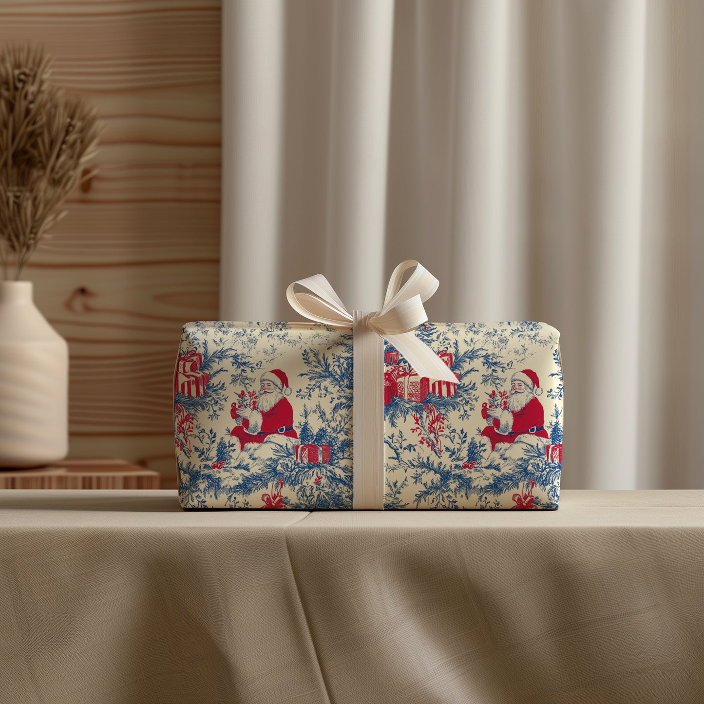 Santa with Tree and Gifts Toile de Jouy Gift Wrapping Paper Sheets