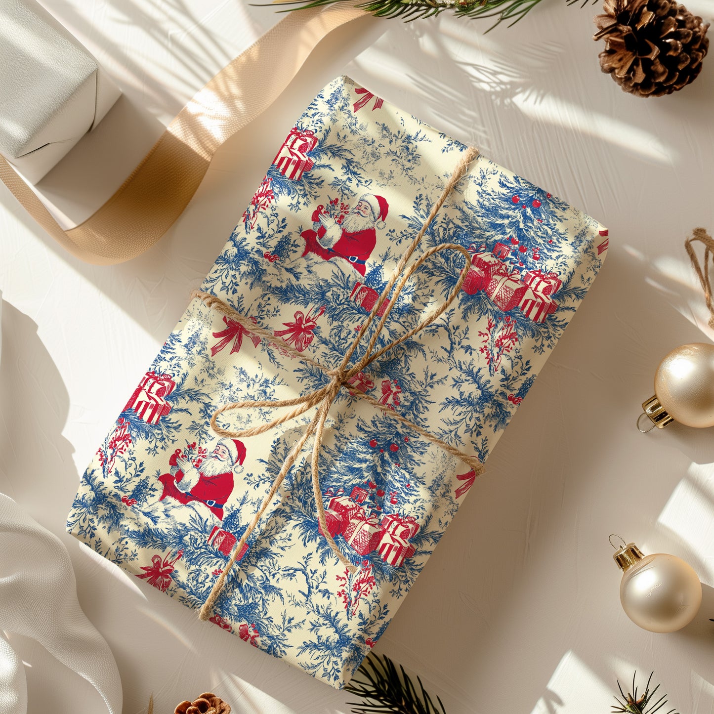 Santa with Tree and Gifts Toile de Jouy Gift Wrapping Paper Sheets