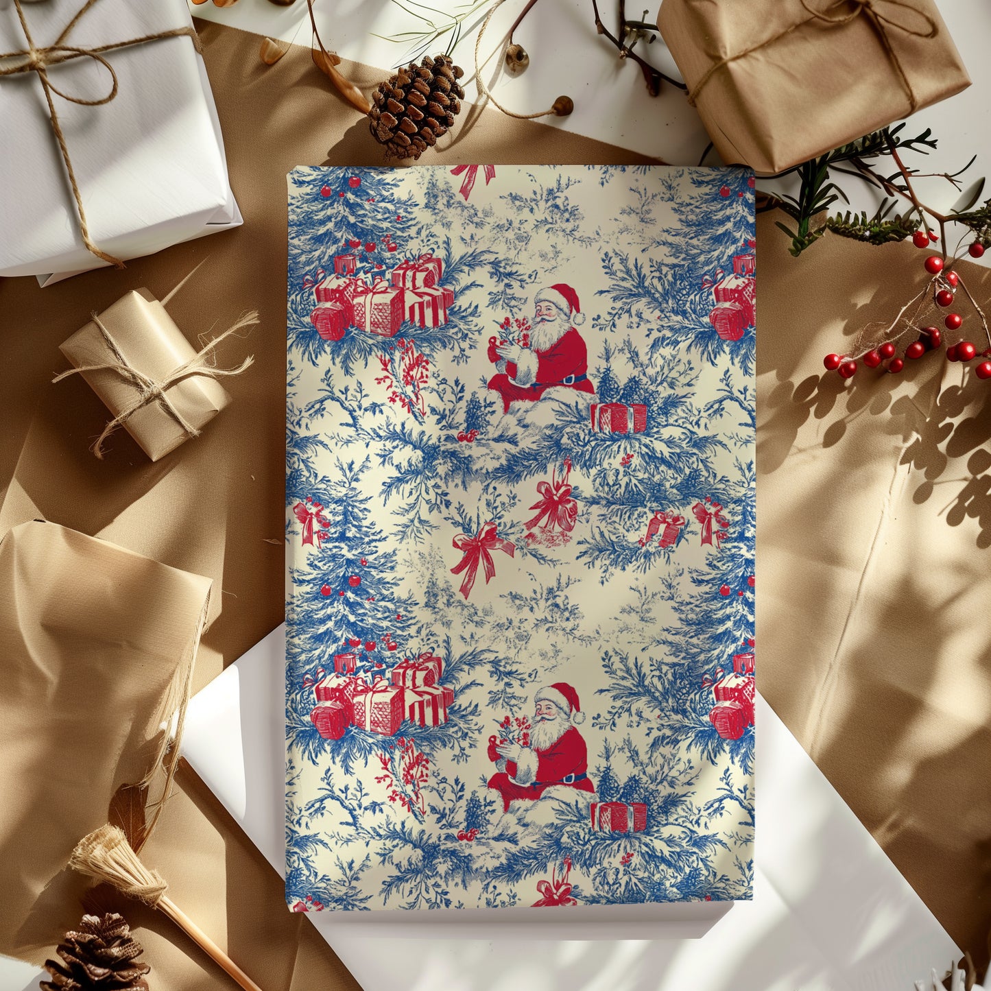 Santa with Tree and Gifts Toile de Jouy Gift Wrapping Paper Sheets