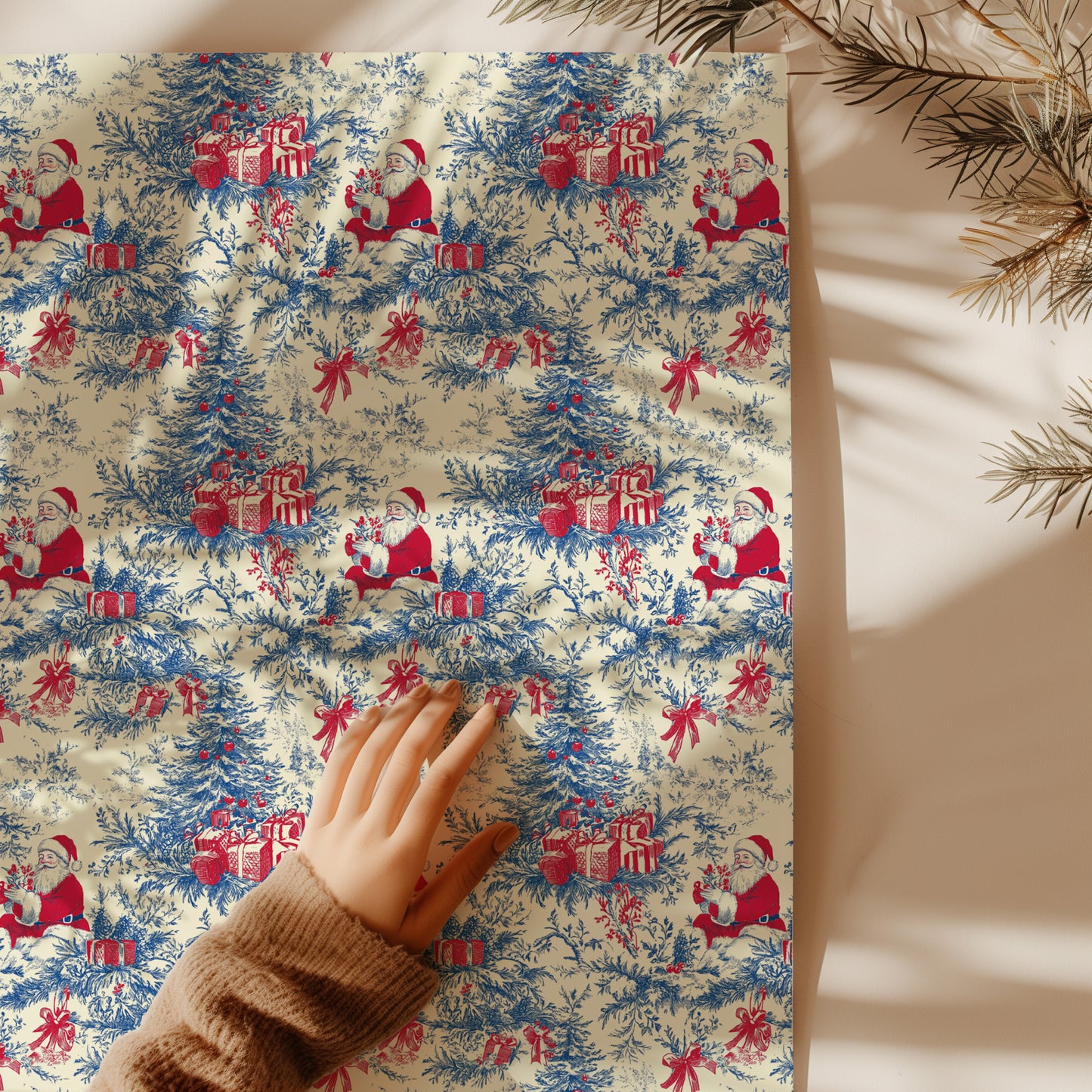 Santa with Tree and Gifts Toile de Jouy Gift Wrapping Paper Sheets