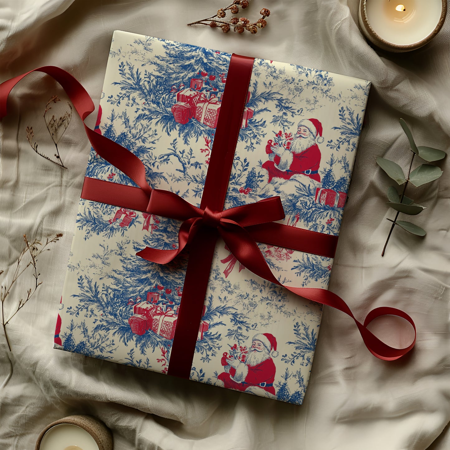 Santa with Tree and Gifts Toile de Jouy Gift Wrapping Paper Sheets