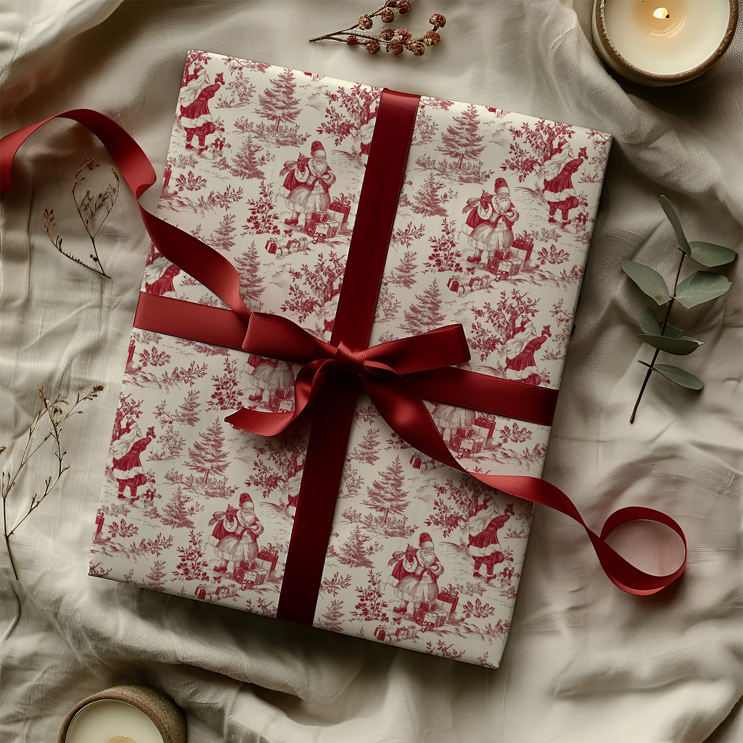 Red Santa, Trees and Gifts Toile de Jouy Gift Wrapping Paper Sheets