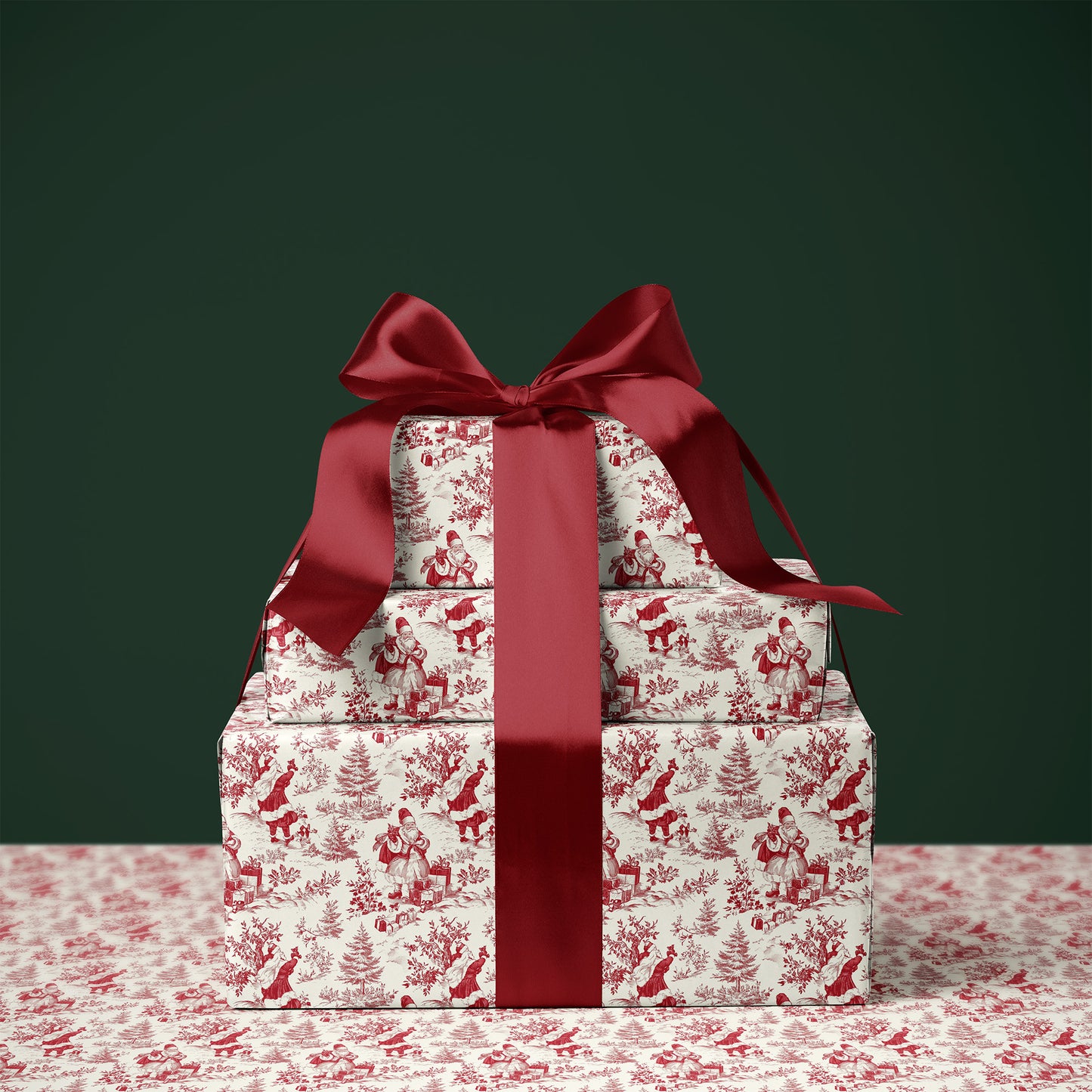 Red Santa, Trees and Gifts Toile de Jouy Gift Wrapping Paper Sheets