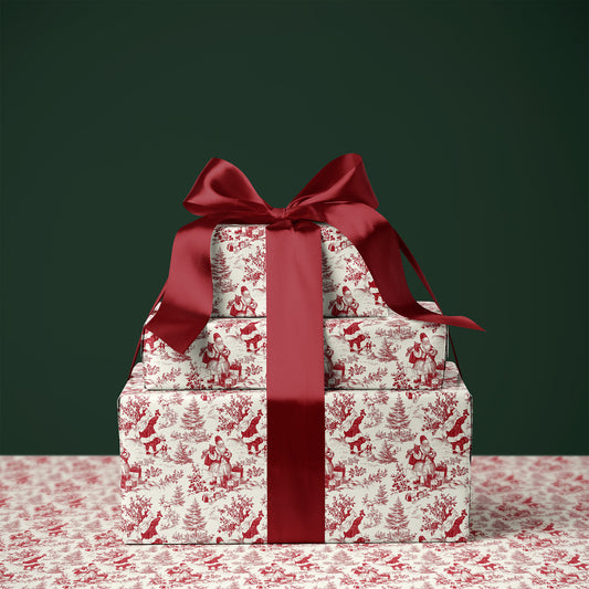 Red Santa, Trees and Gifts Toile de Jouy Gift Wrapping Paper Sheets