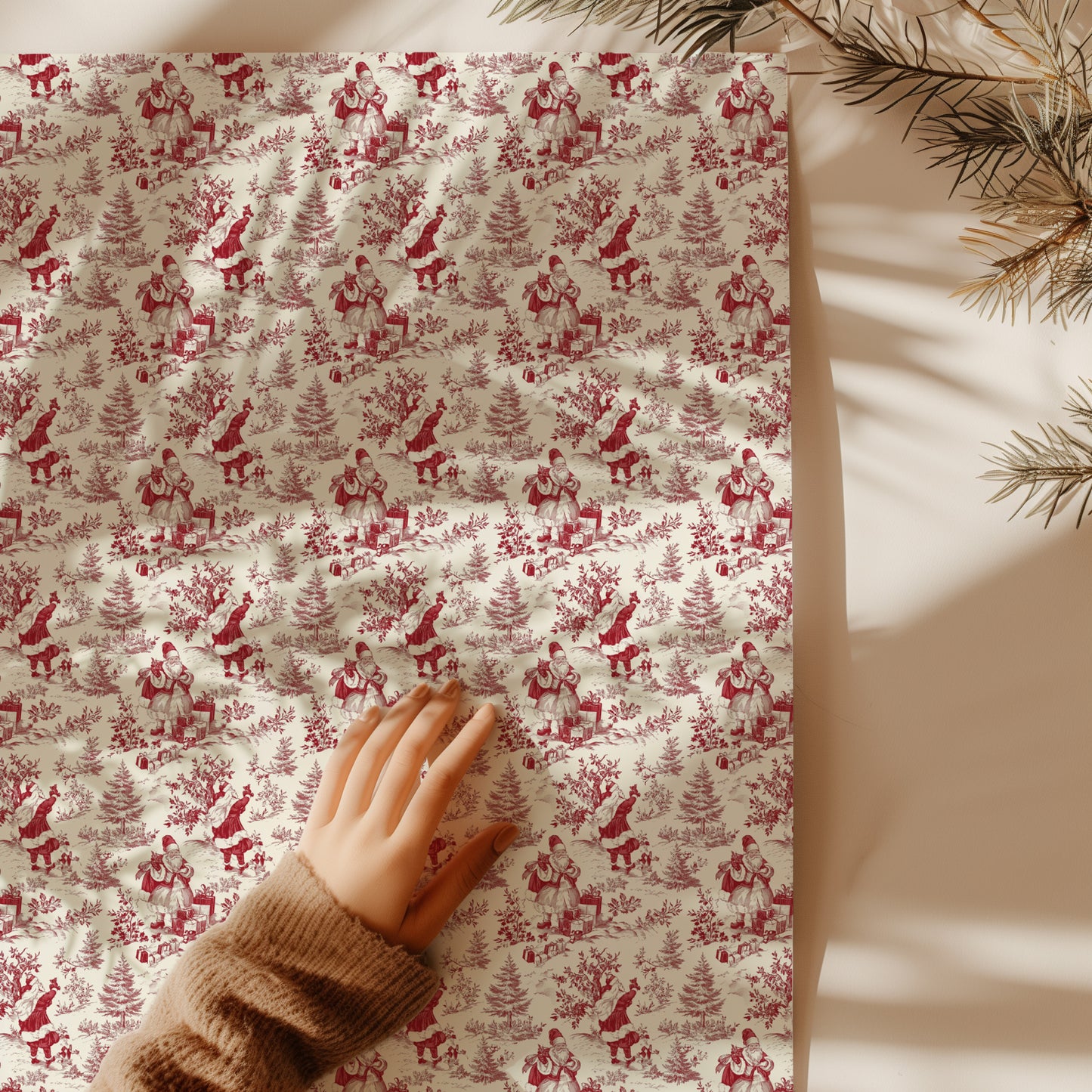 Red Santa, Trees and Gifts Toile de Jouy Gift Wrapping Paper Sheets