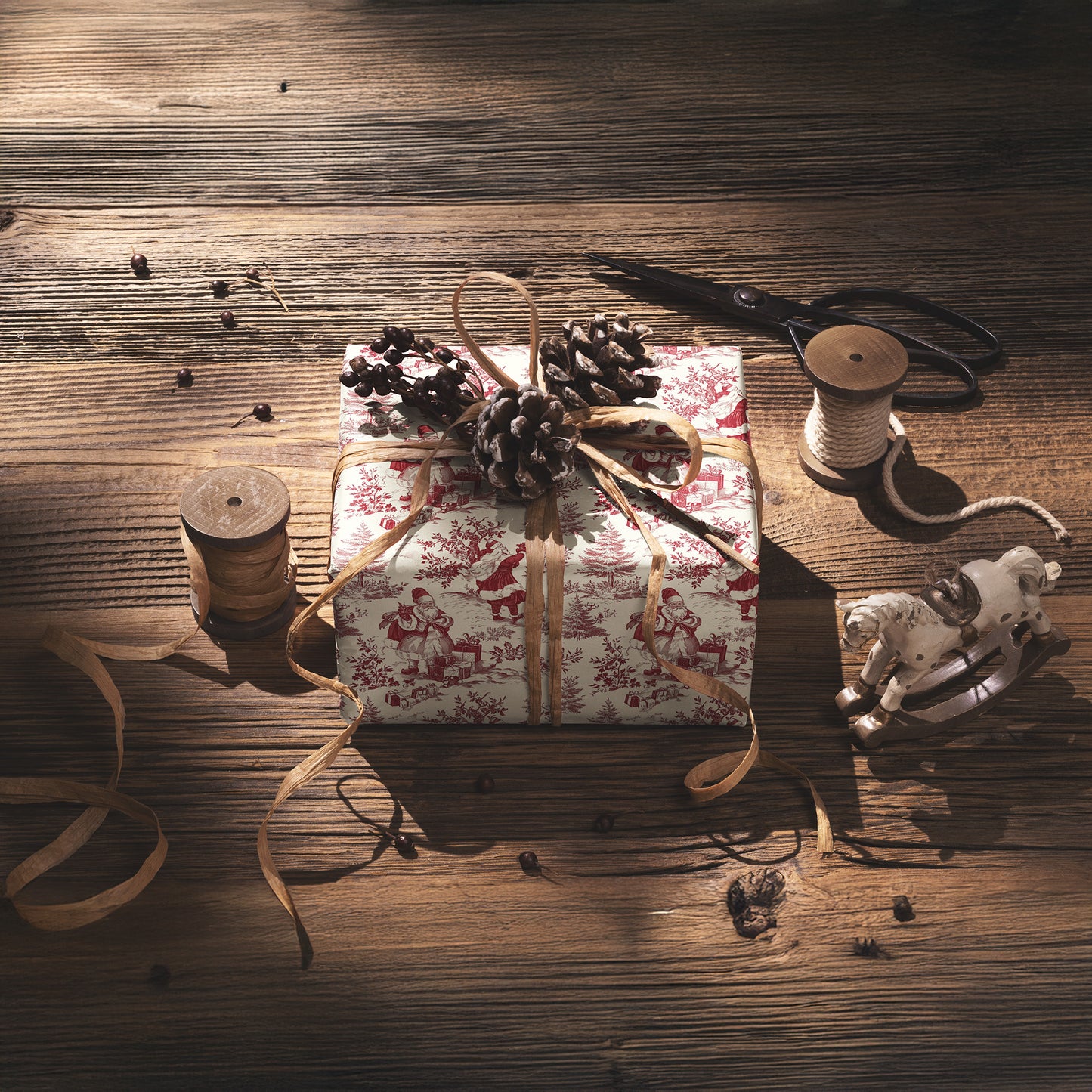 Red Santa, Trees and Gifts Toile de Jouy Gift Wrapping Paper Sheets