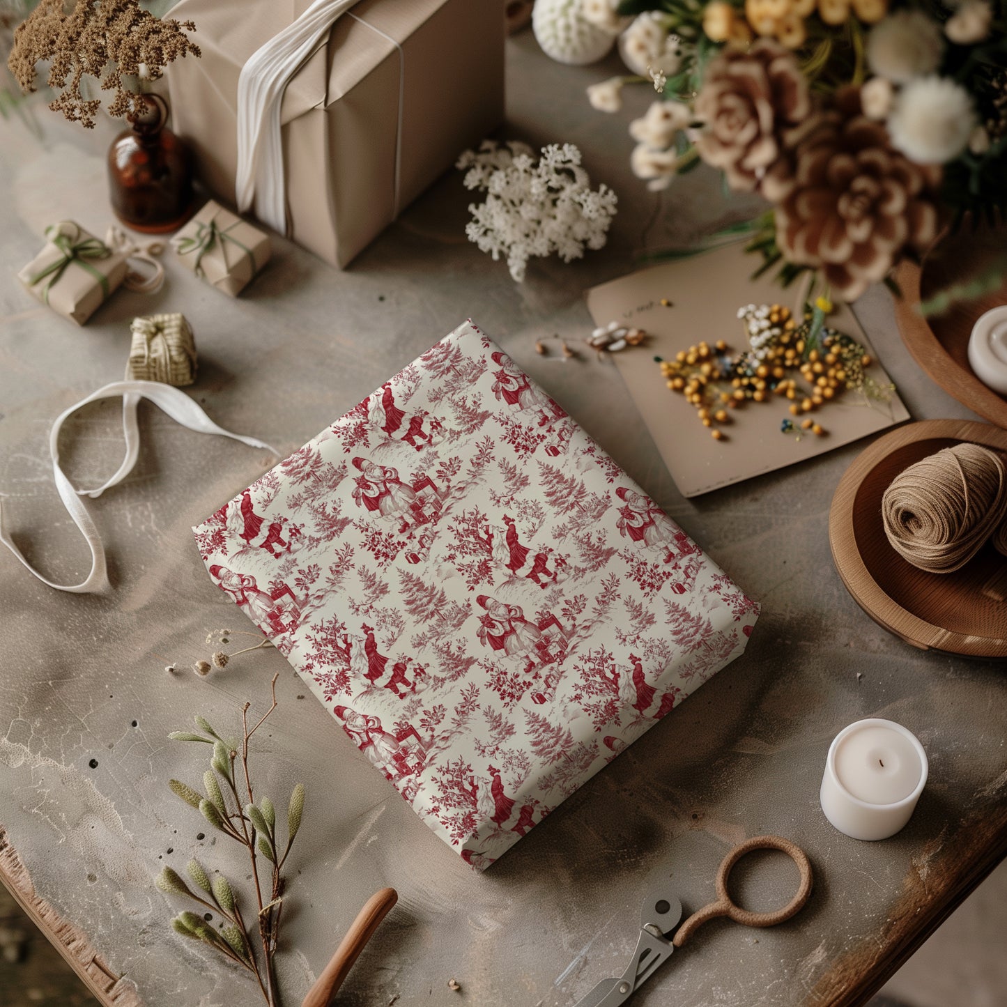 Red Santa, Trees and Gifts Toile de Jouy Gift Wrapping Paper Sheets