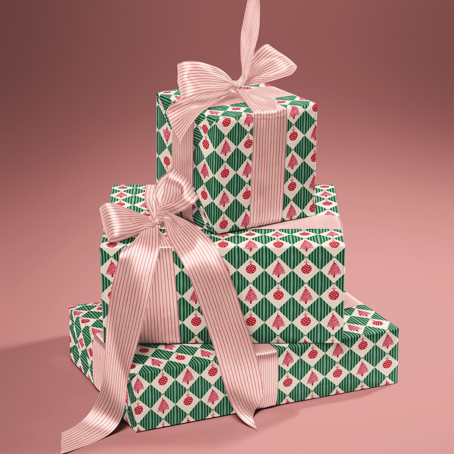 Retro Whimsical Red, Green and Pink Coquette Christmas Gift Wrapping Paper Sheets