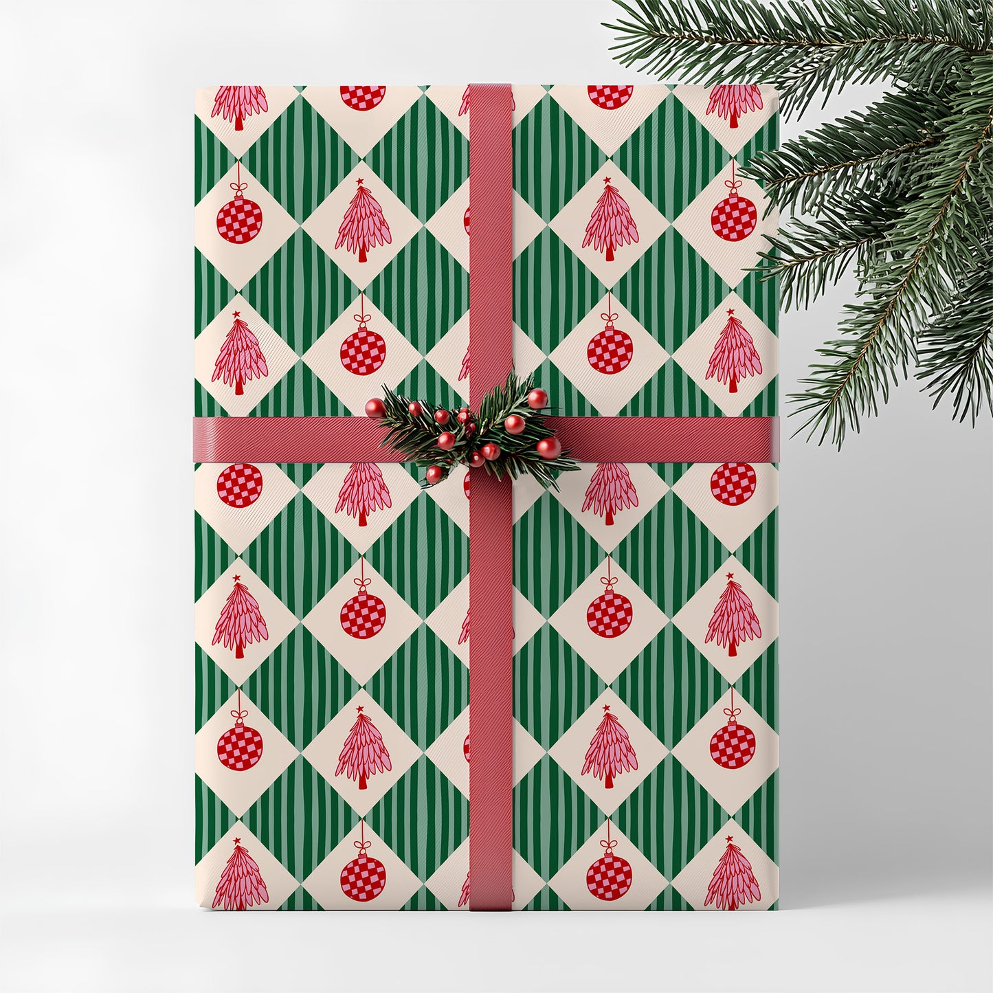 Retro Whimsical Red, Green and Pink Coquette Christmas Gift Wrapping Paper Sheets