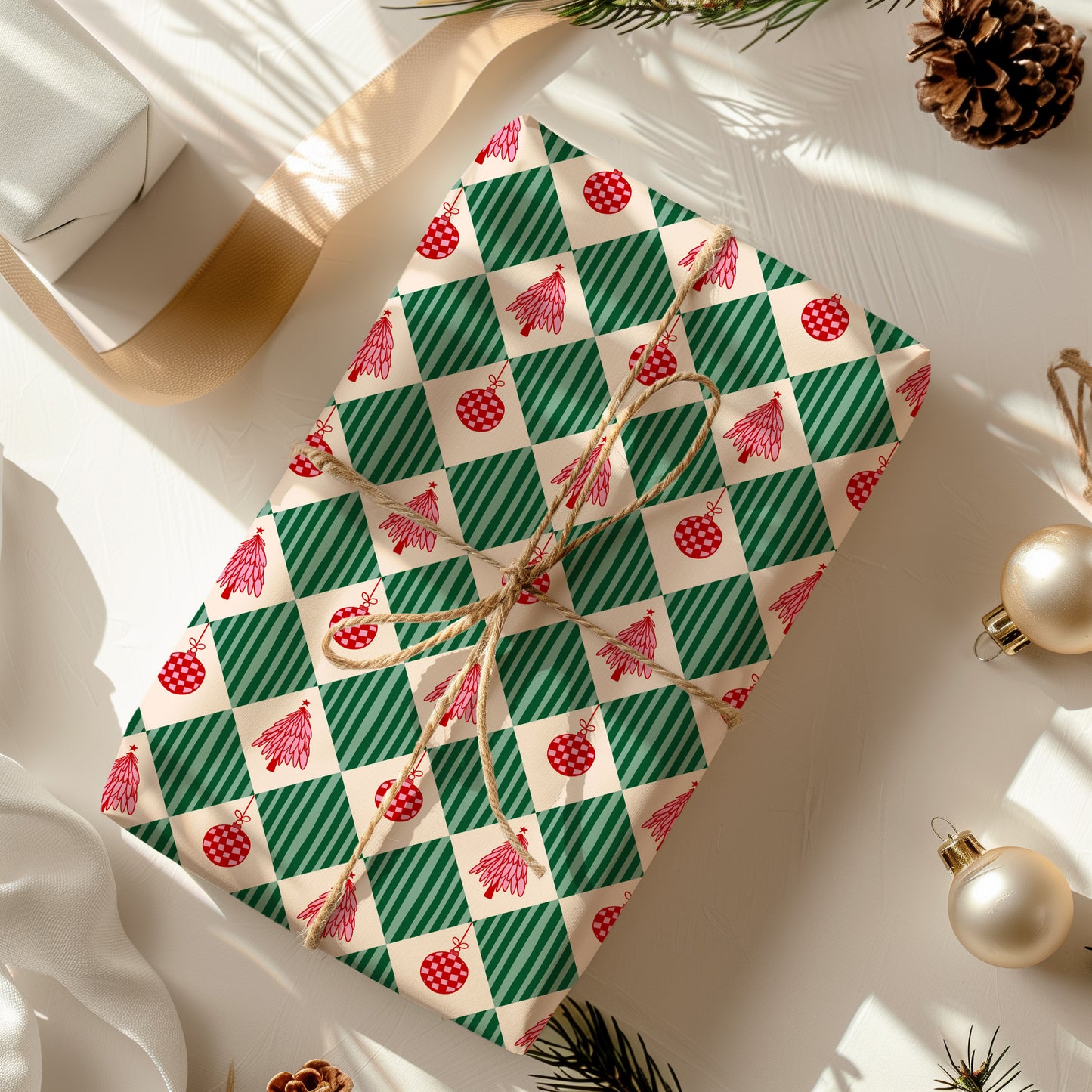 Retro Whimsical Red, Green and Pink Coquette Christmas Gift Wrapping Paper Sheets