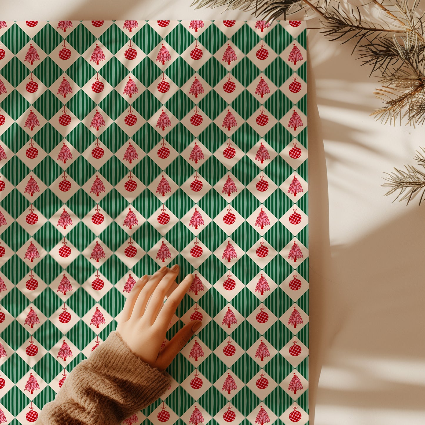 Retro Whimsical Red, Green and Pink Coquette Christmas Gift Wrapping Paper Sheets