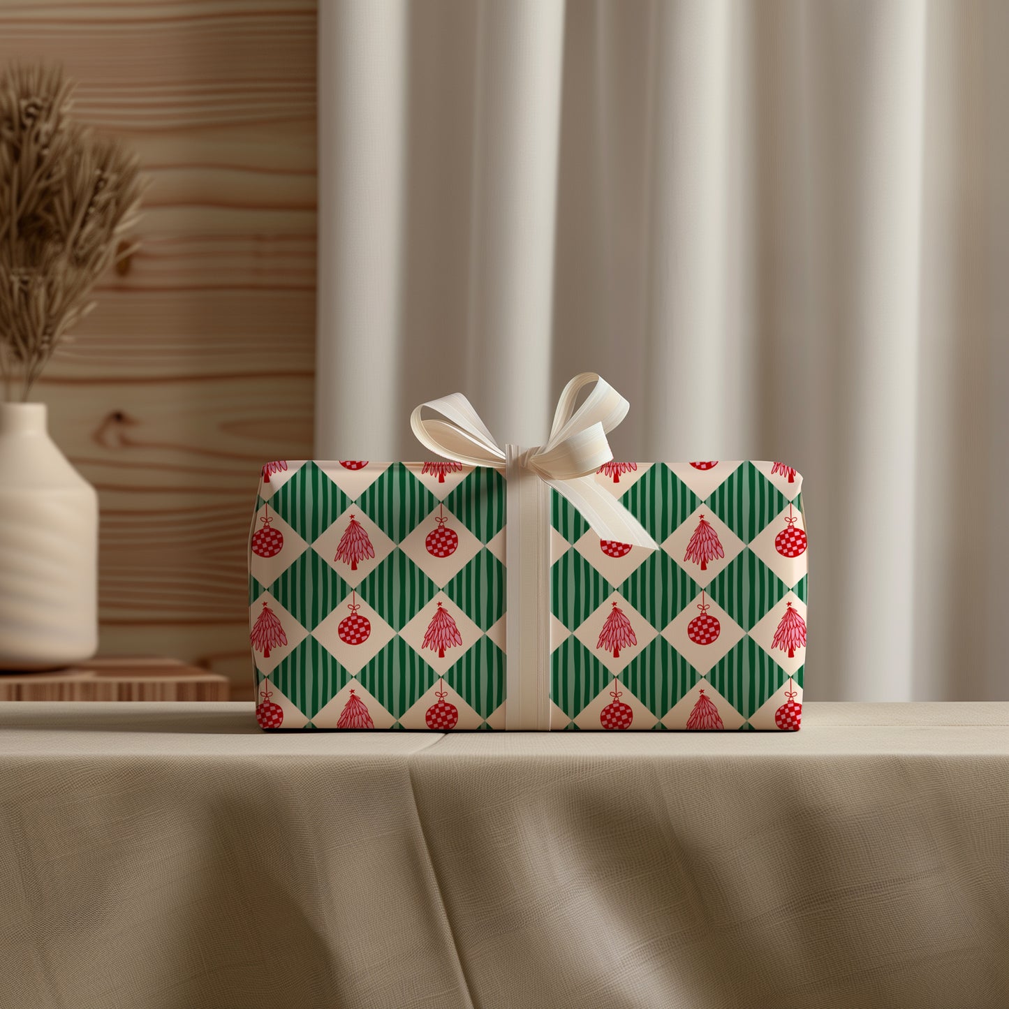 Retro Whimsical Red, Green and Pink Coquette Christmas Gift Wrapping Paper Sheets