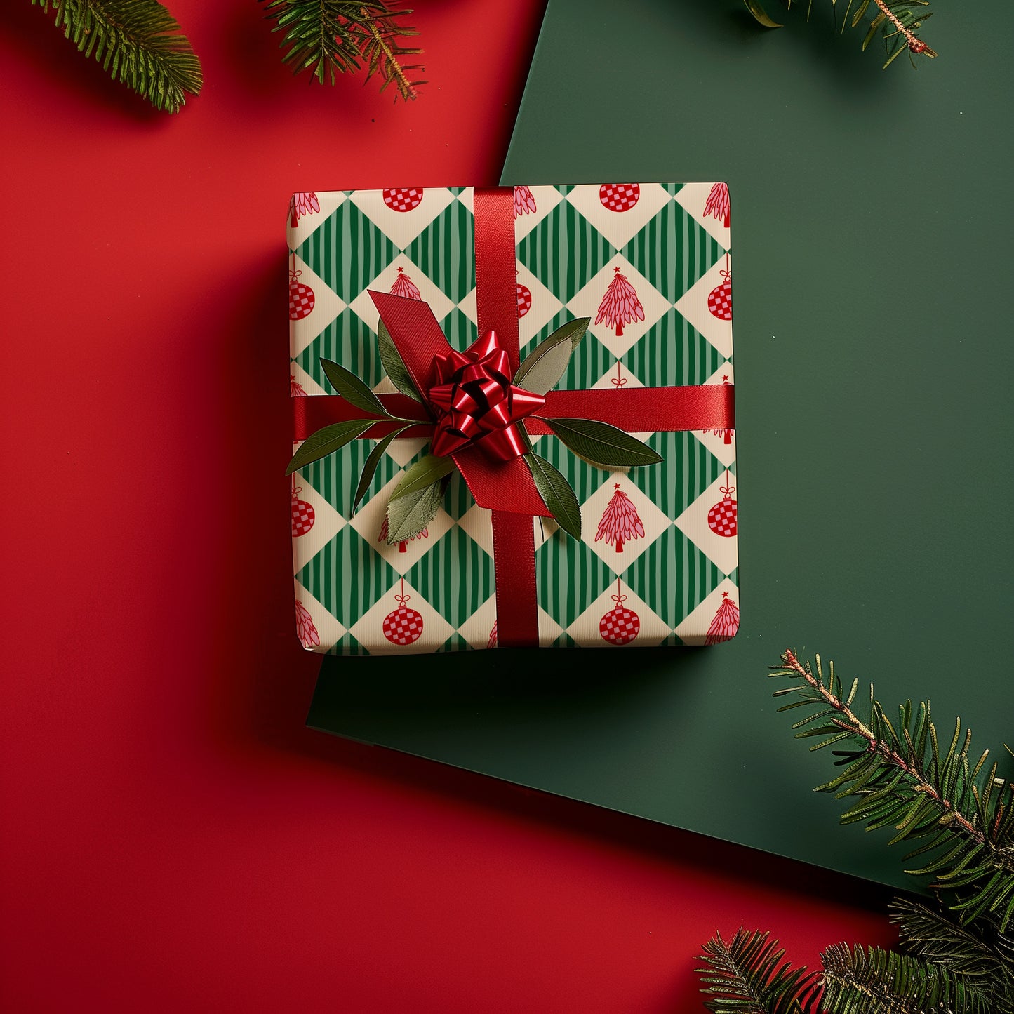 Retro Whimsical Red, Green and Pink Coquette Christmas Gift Wrapping Paper Sheets