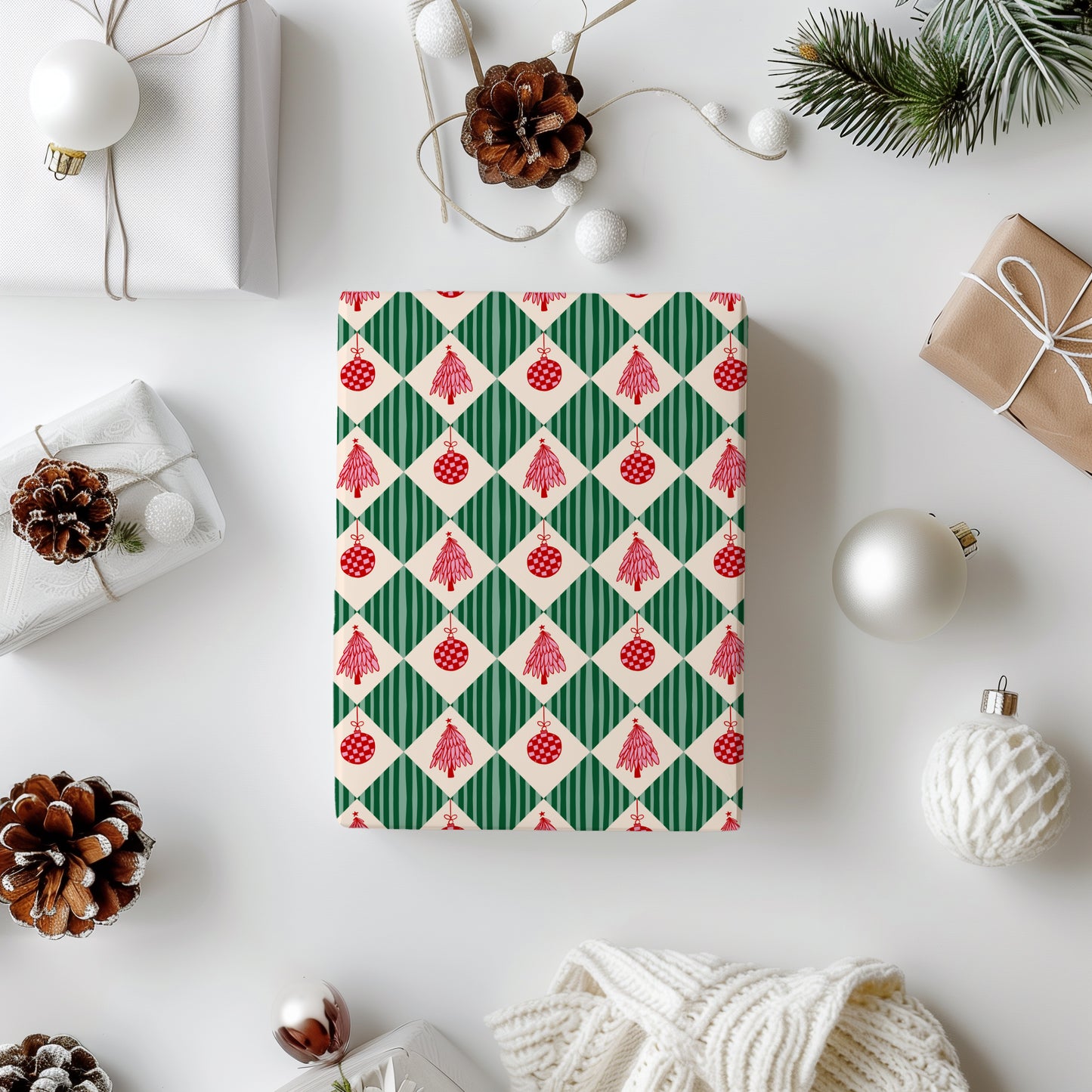 Retro Whimsical Red, Green and Pink Coquette Christmas Gift Wrapping Paper Sheets