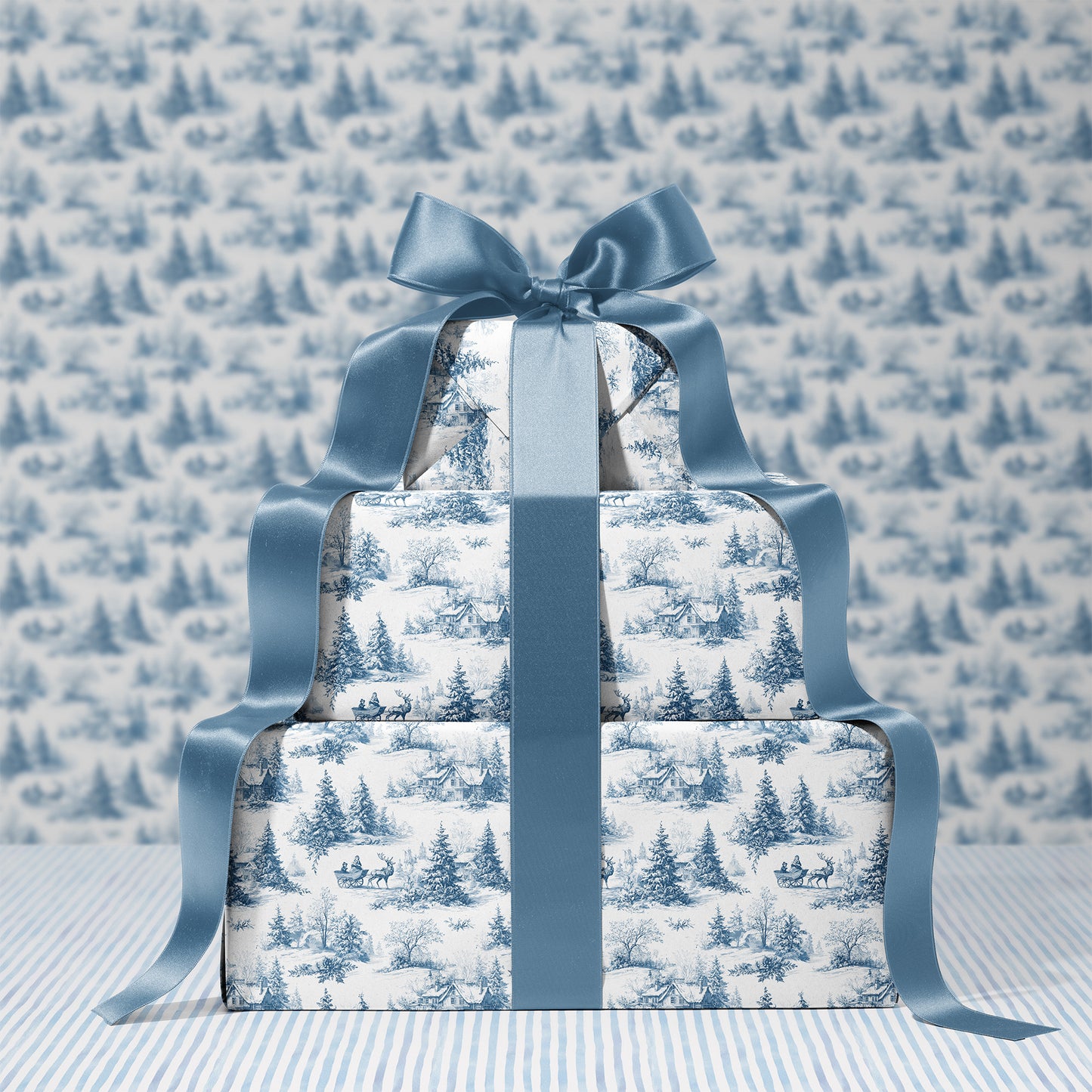 Winter Woodland Blue Holiday Toile Gift Wrapping Paper Sheets