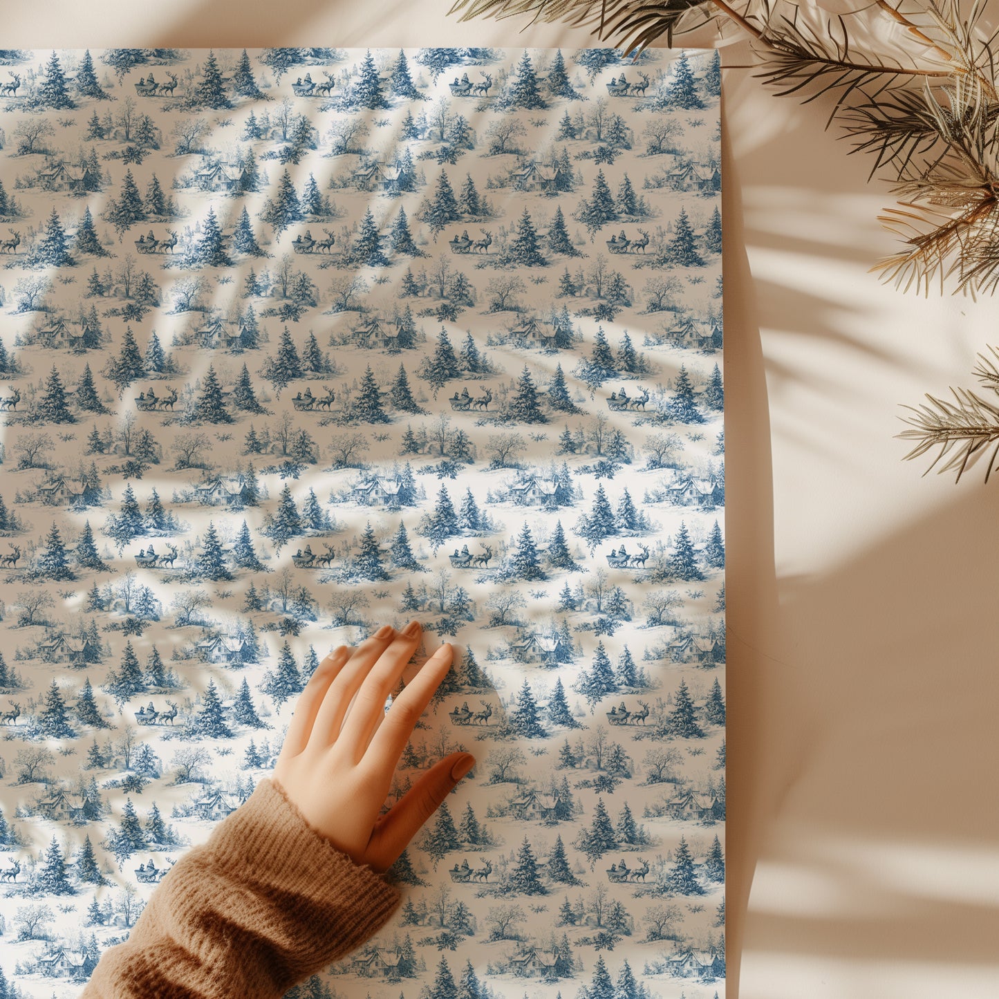 Winter Woodland Blue Holiday Toile Gift Wrapping Paper Sheets