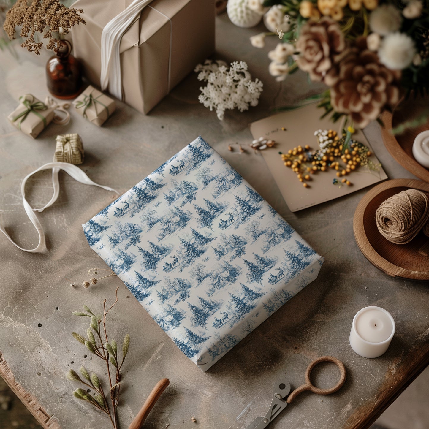 Winter Woodland Blue Holiday Toile Gift Wrapping Paper Sheets