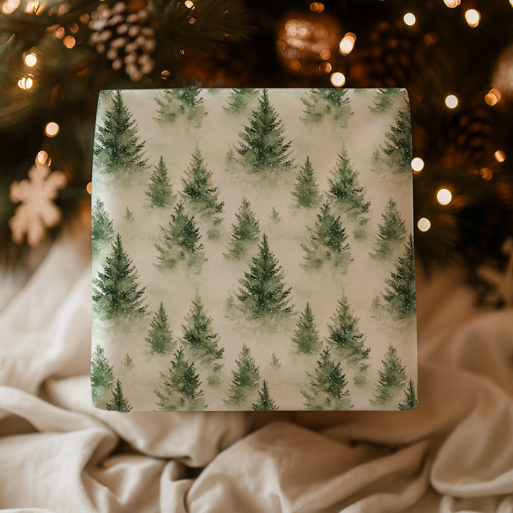 Watercolor Snowy Green Fir Tree Winter Gift Wrapping Paper Sheets