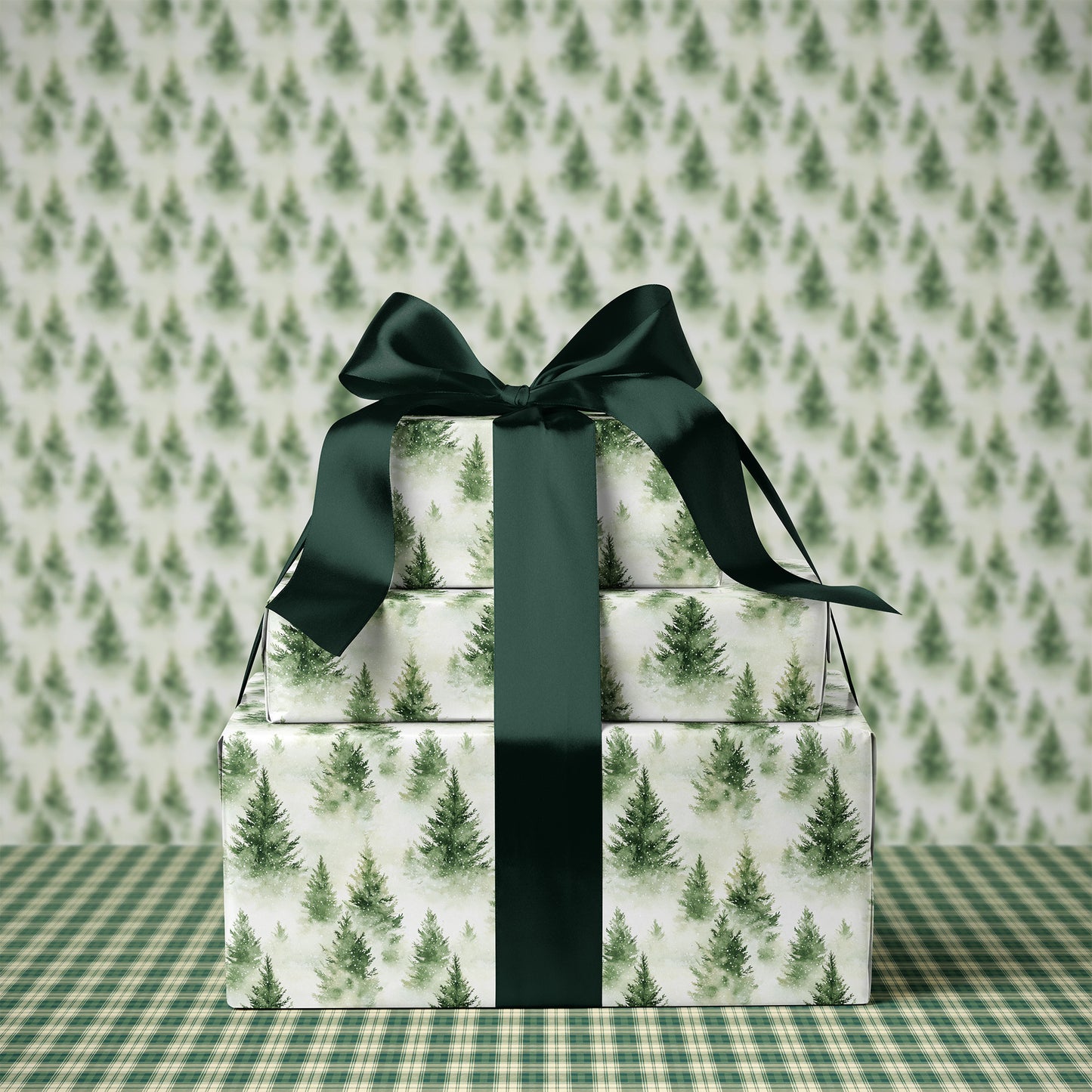 Watercolor Snowy Green Fir Tree Winter Gift Wrapping Paper Sheets
