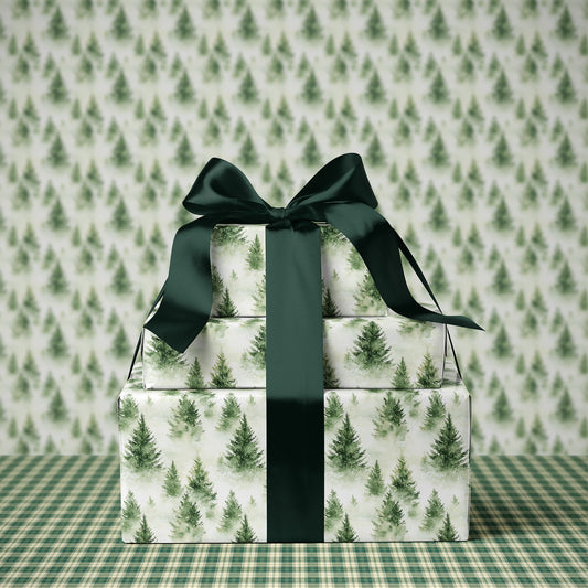 Watercolor Snowy Green Fir Tree Winter Gift Wrapping Paper Sheets