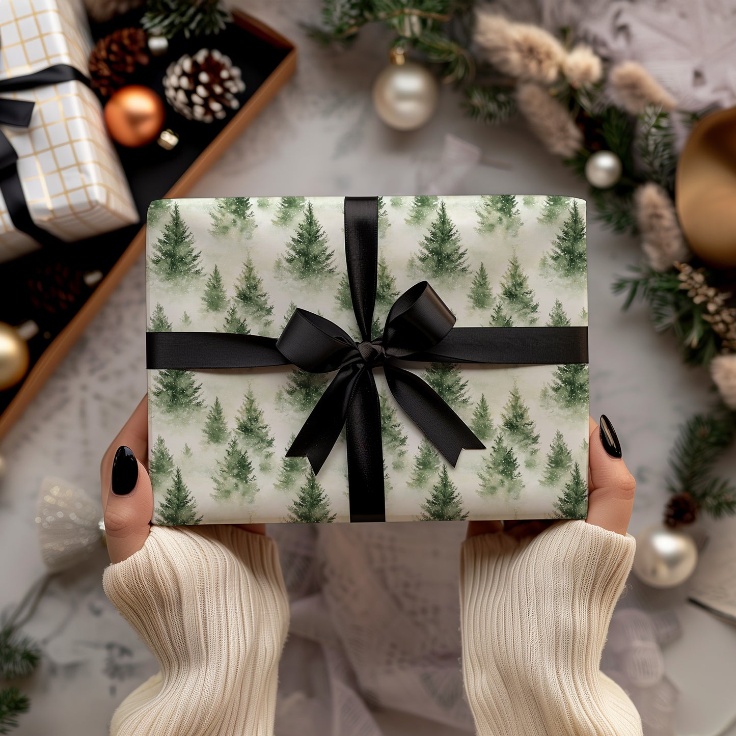 Watercolor Snowy Green Fir Tree Winter Gift Wrapping Paper Sheets