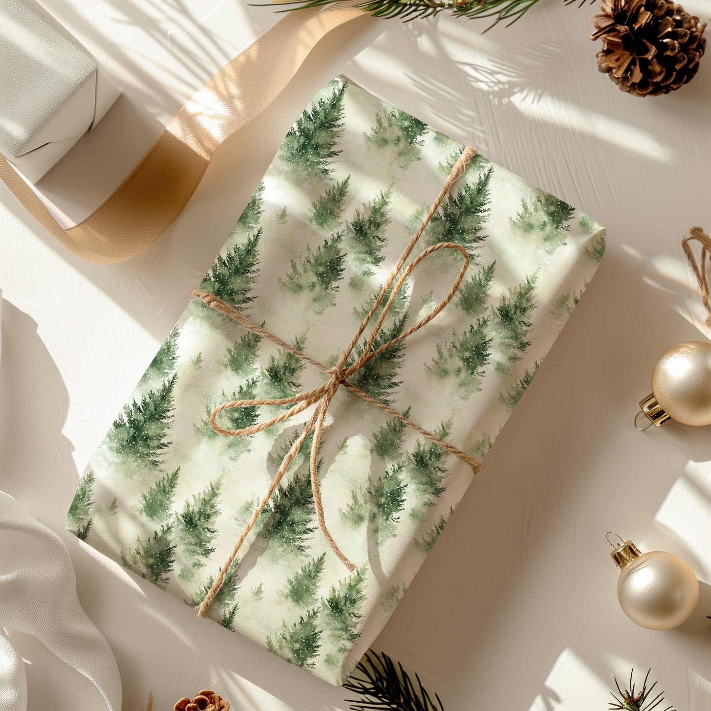 Watercolor Snowy Green Fir Tree Winter Gift Wrapping Paper Sheets
