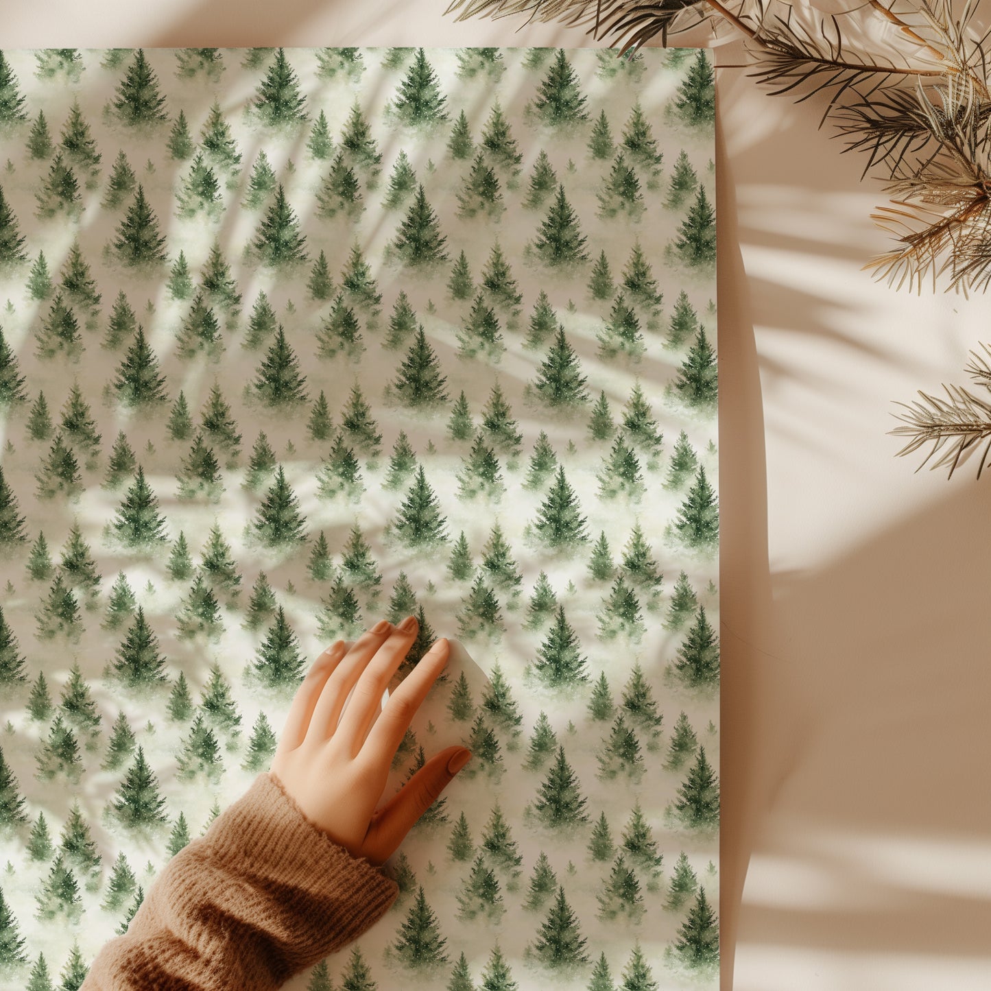 Watercolor Snowy Green Fir Tree Winter Gift Wrapping Paper Sheets