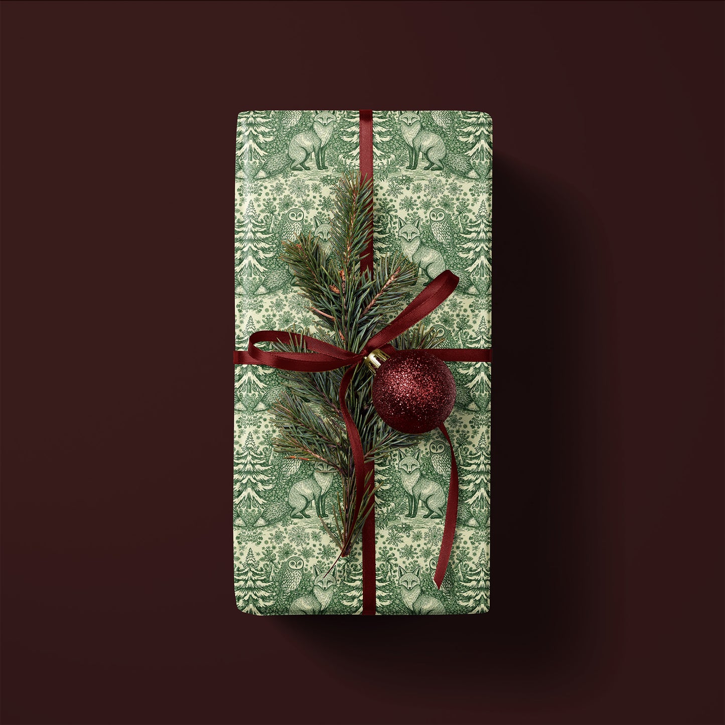 Fox and Owl Green Woodland Toile Holiday Gift Wrapping Paper Sheets