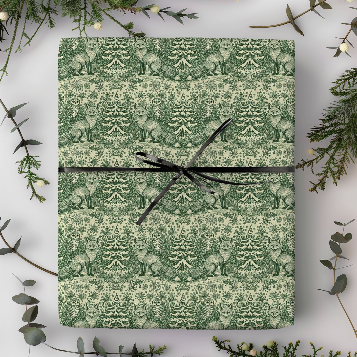 Fox and Owl Green Woodland Toile Holiday Gift Wrapping Paper Sheets