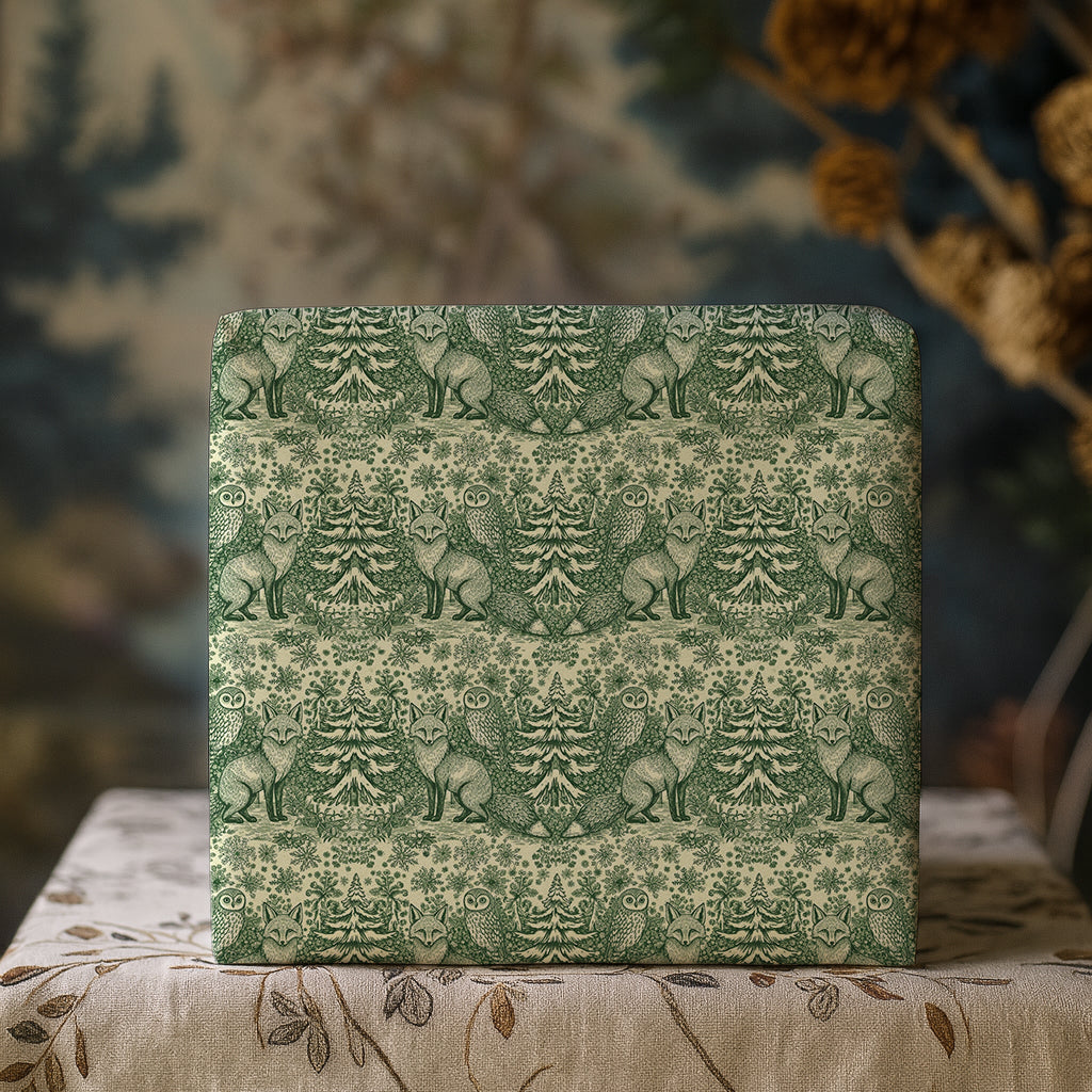Fox and Owl Green Woodland Toile Holiday Gift Wrapping Paper Sheets