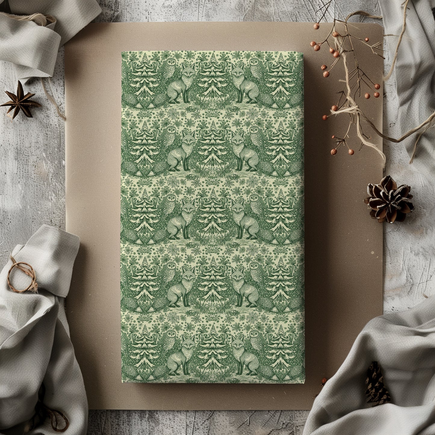Fox and Owl Green Woodland Toile Holiday Gift Wrapping Paper Sheets
