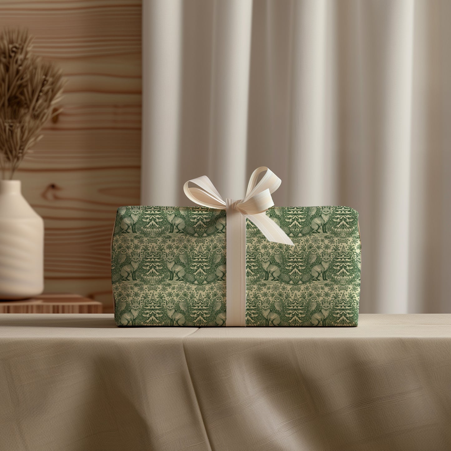 Fox and Owl Green Woodland Toile Holiday Gift Wrapping Paper Sheets