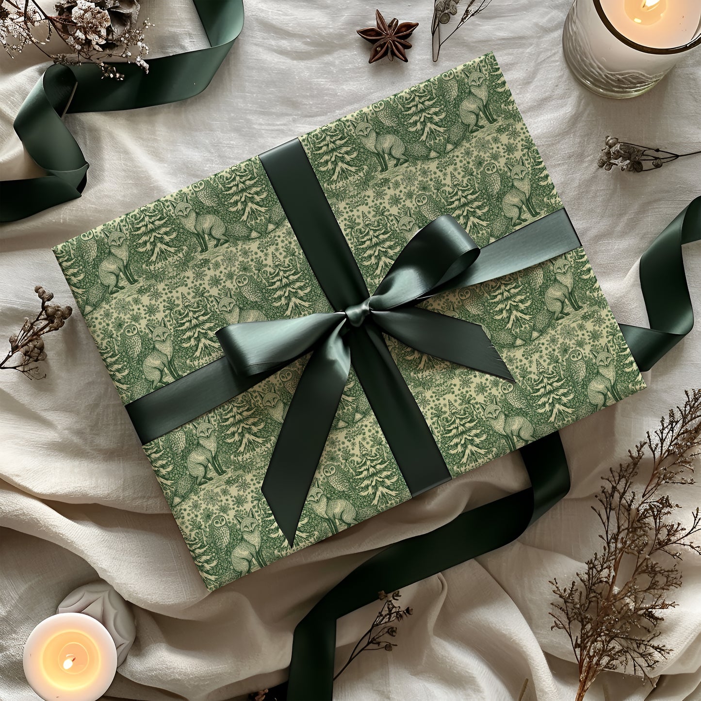 Fox and Owl Green Woodland Toile Holiday Gift Wrapping Paper Sheets