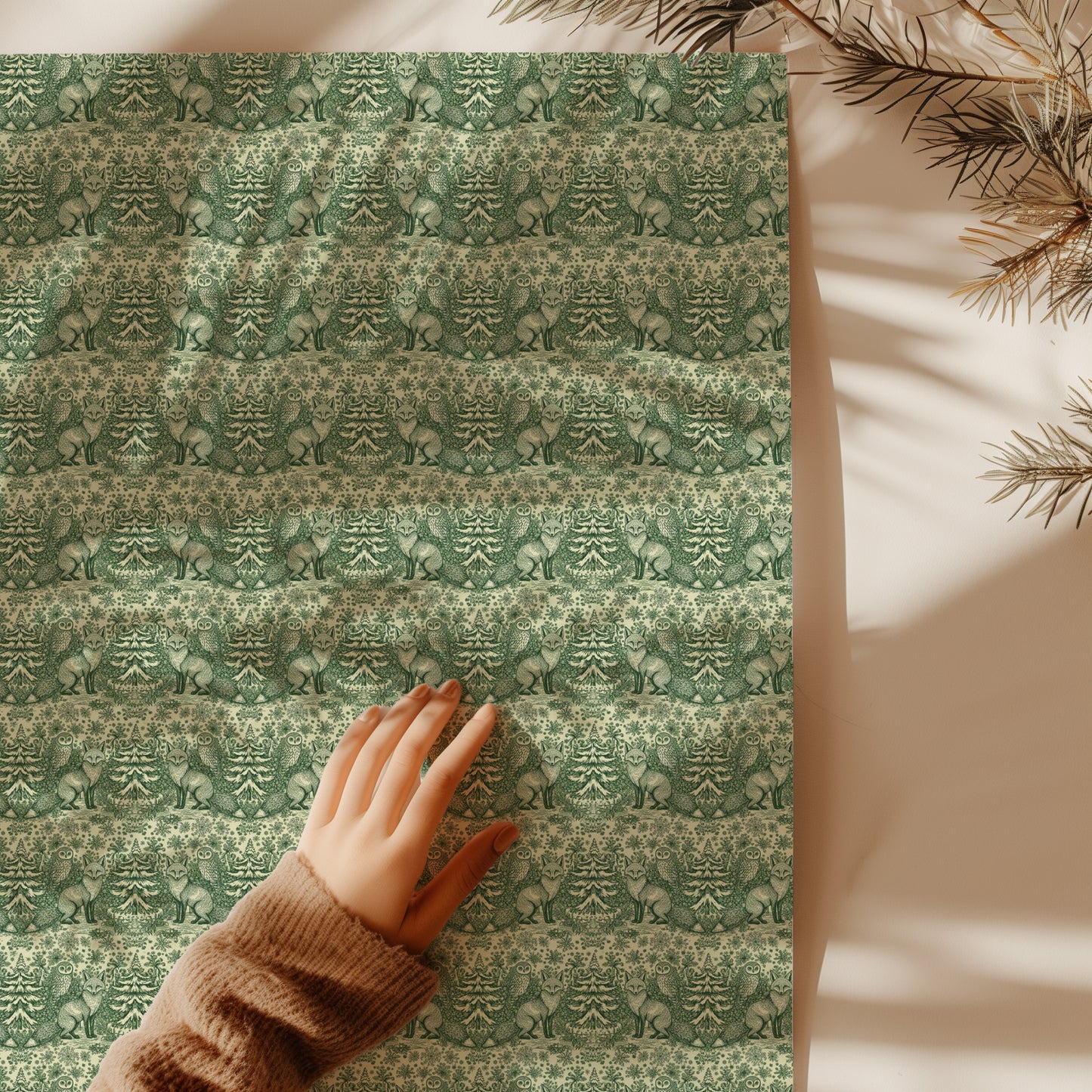 Fox and Owl Green Woodland Toile Holiday Gift Wrapping Paper Sheets